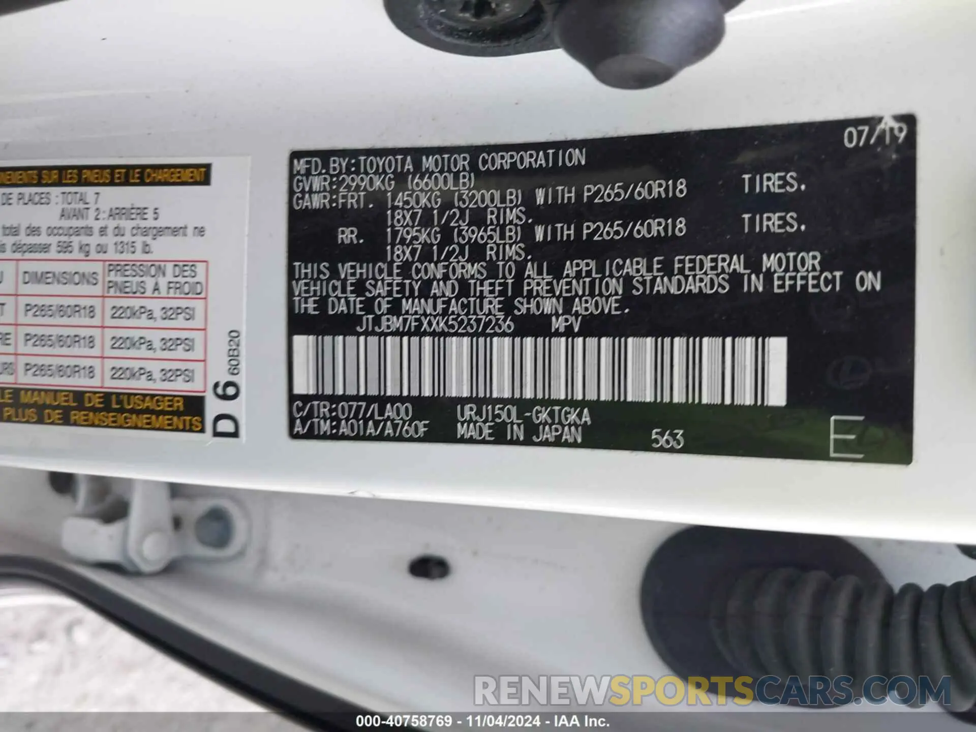 9 Photograph of a damaged car JTJBM7FXXK5237236 LEXUS 460 2019