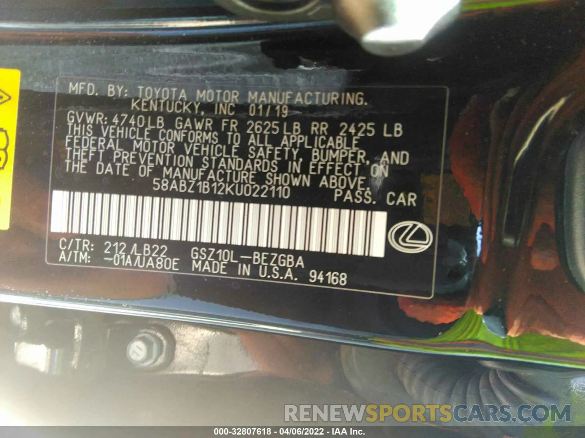 9 Фотография поврежденного автомобиля 58ABZ1B12KU022110 LEXUS ES 2019