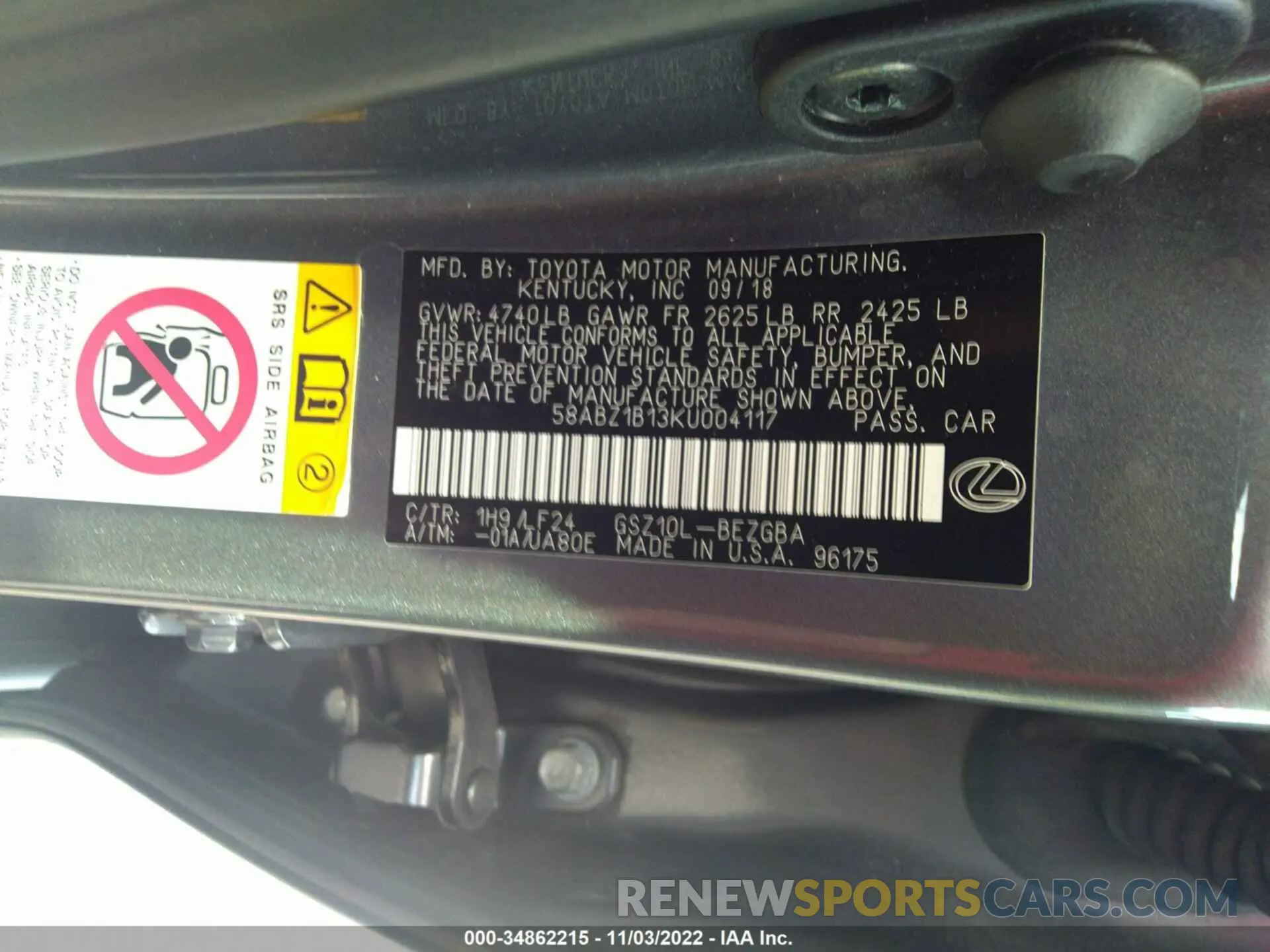 9 Фотография поврежденного автомобиля 58ABZ1B13KU004117 LEXUS ES 2019