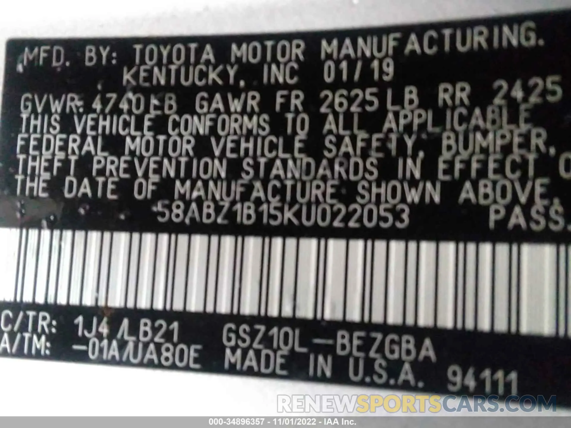 9 Фотография поврежденного автомобиля 58ABZ1B15KU022053 LEXUS ES 2019