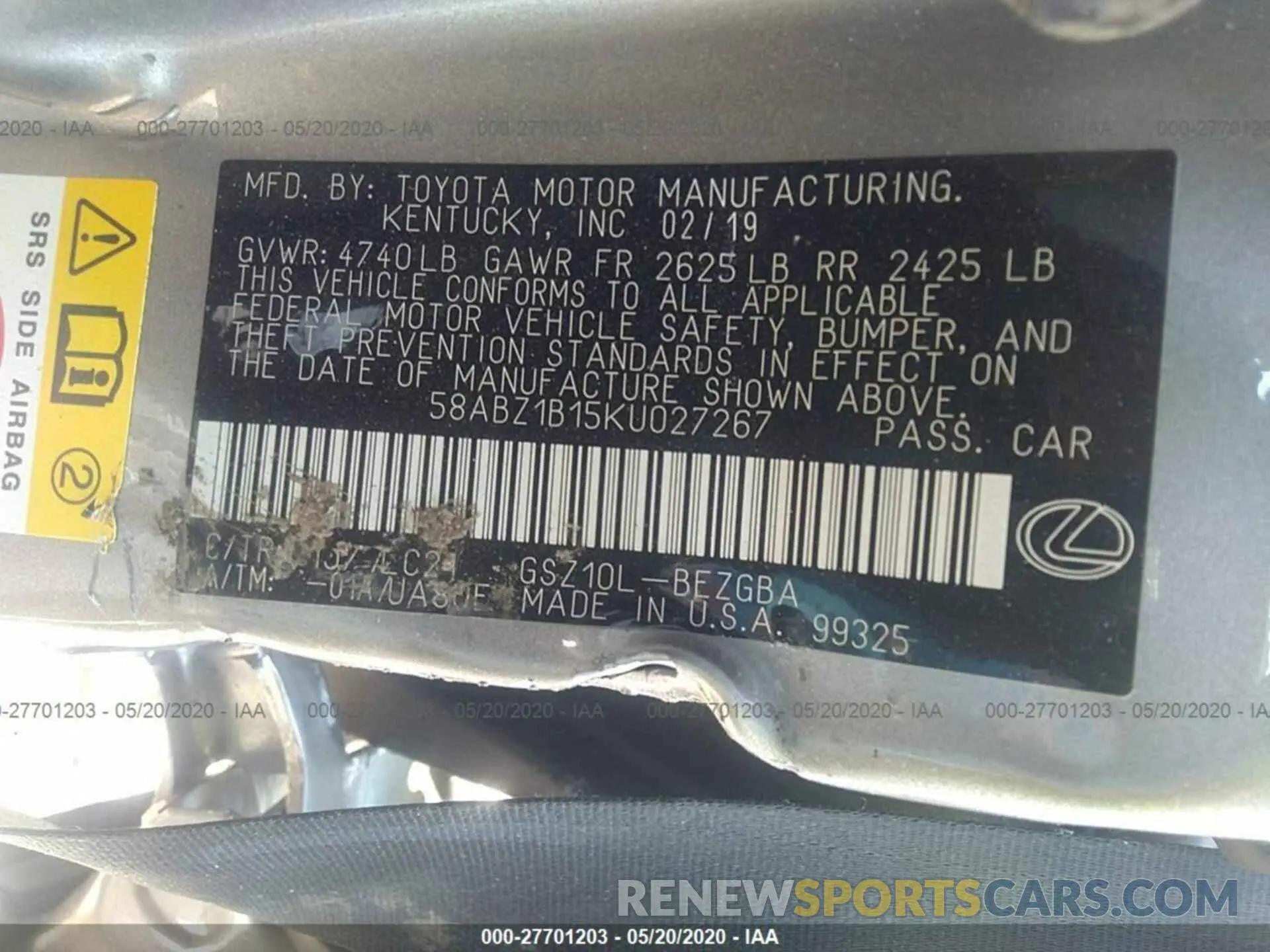 9 Фотография поврежденного автомобиля 58ABZ1B15KU027267 LEXUS ES 2019