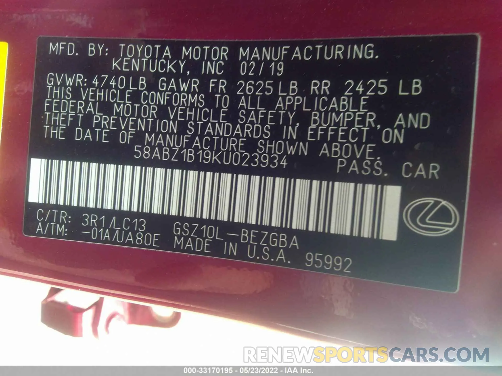 9 Photograph of a damaged car 58ABZ1B19KU023934 LEXUS ES 2019
