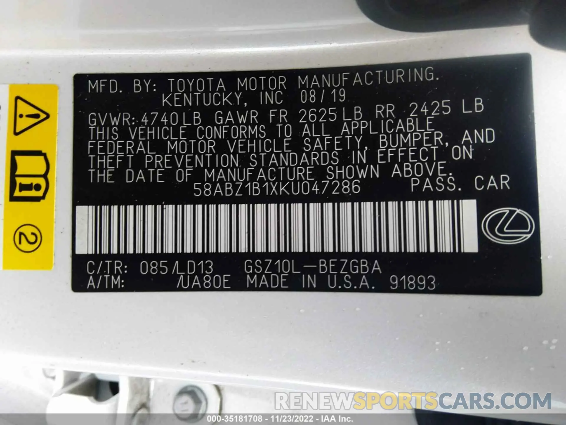 9 Photograph of a damaged car 58ABZ1B1XKU047286 LEXUS ES 2019