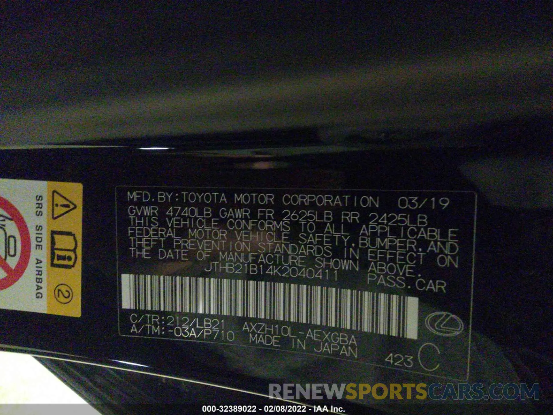 9 Photograph of a damaged car JTHB21B14K2040411 LEXUS ES 2019