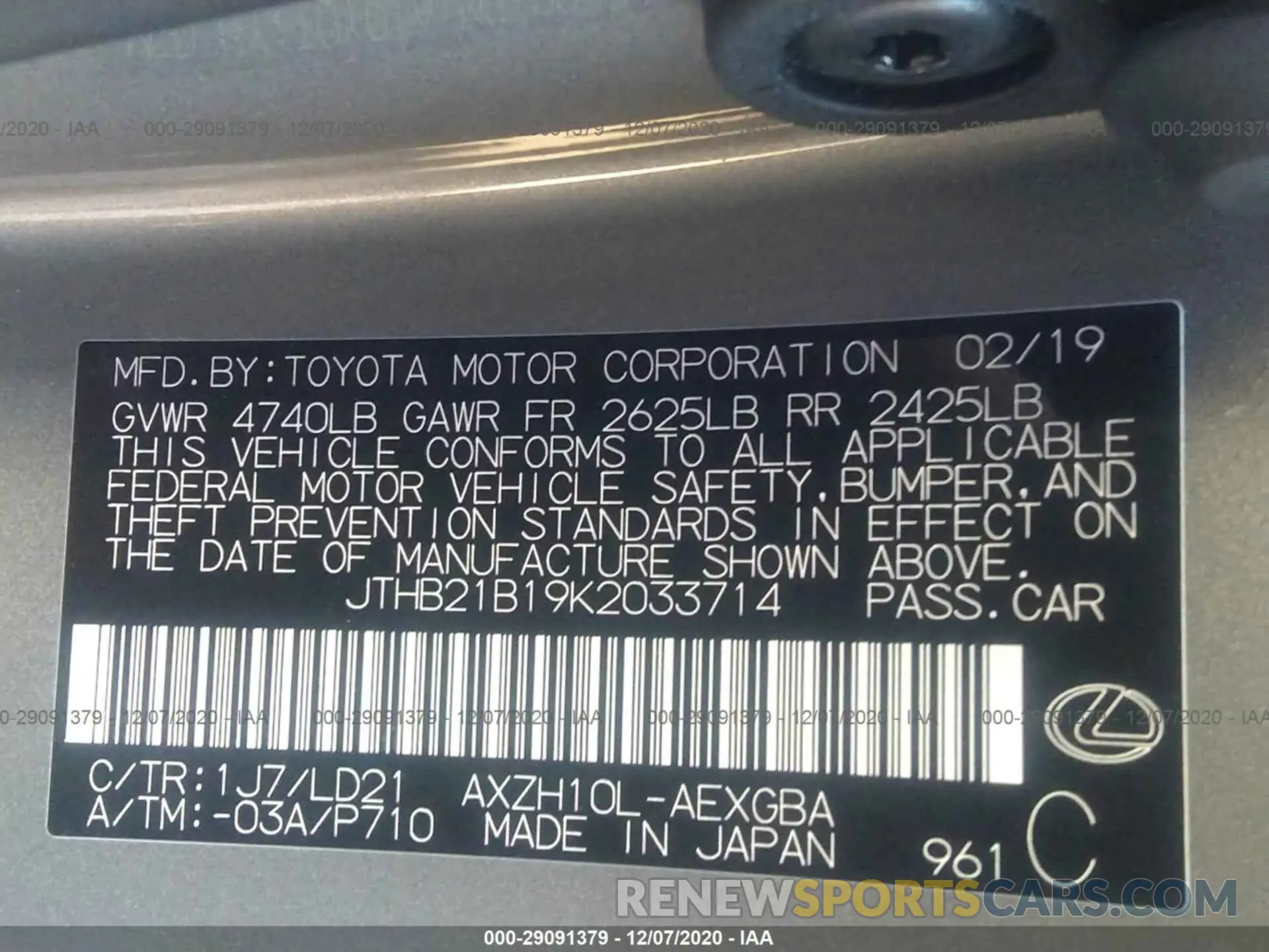 9 Photograph of a damaged car JTHB21B19K2033714 LEXUS ES 2019