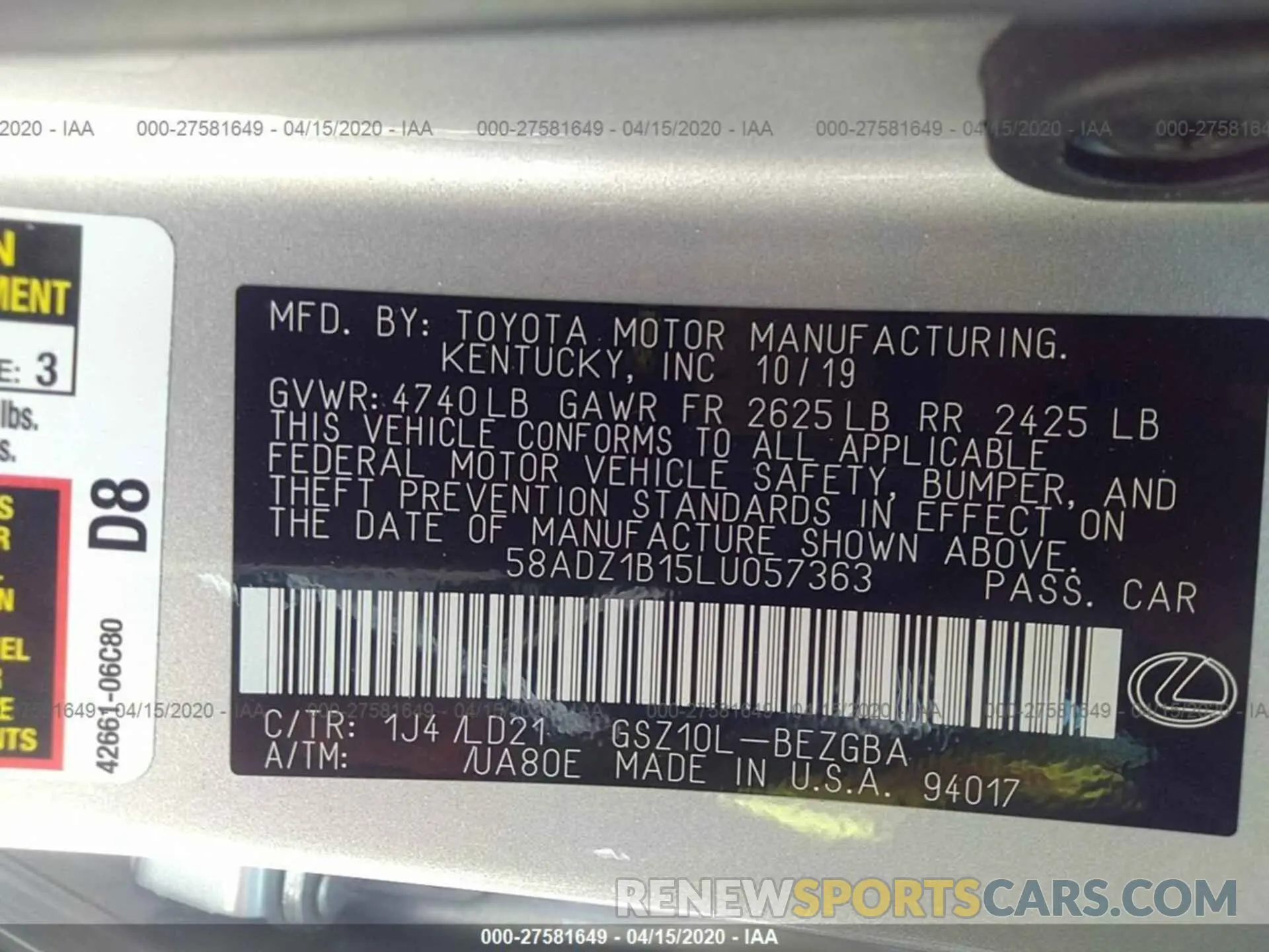 9 Photograph of a damaged car 58ADZ1B15LU057363 LEXUS ES 2020