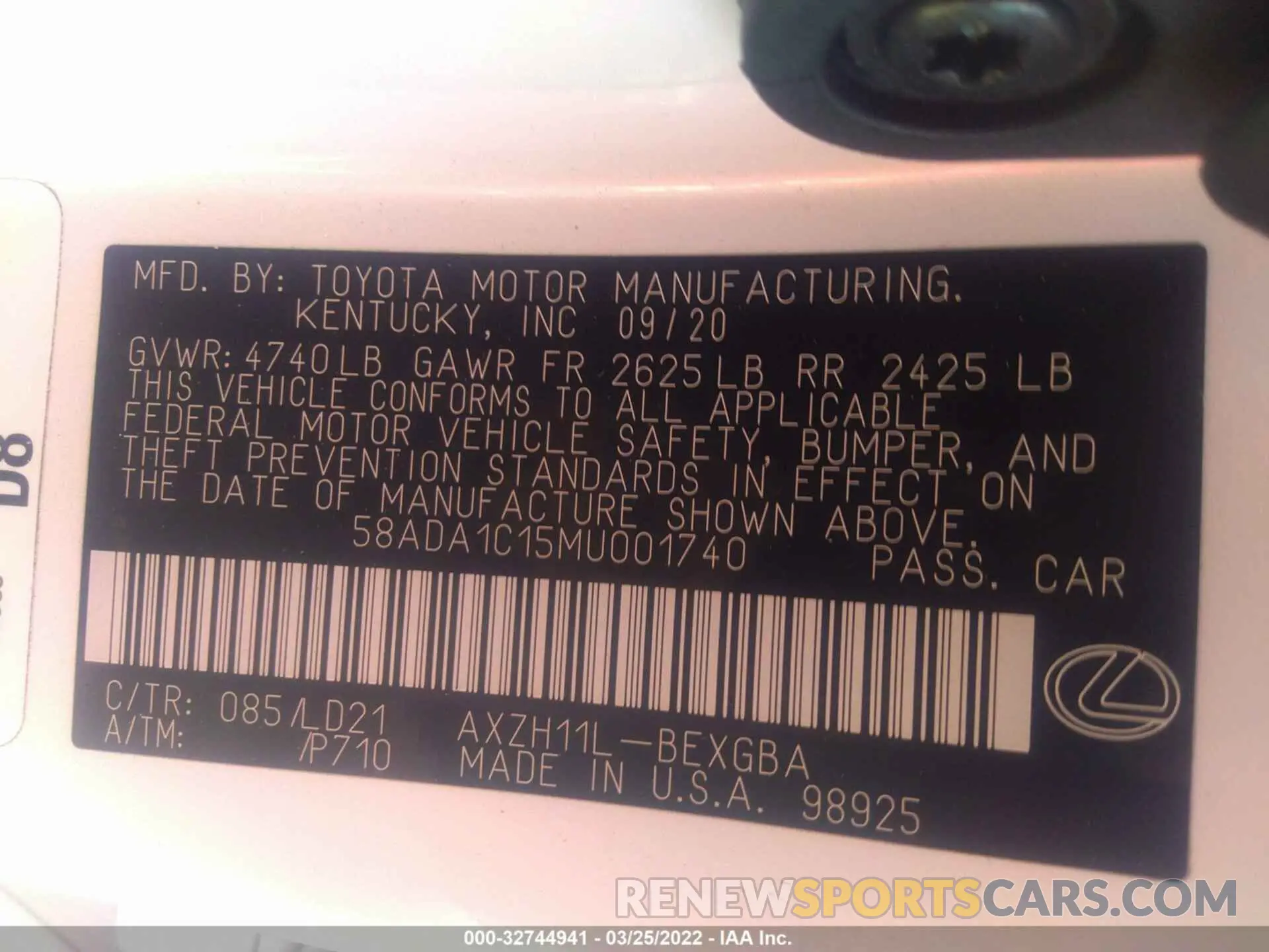 9 Photograph of a damaged car 58ADA1C15MU001740 LEXUS ES 2021