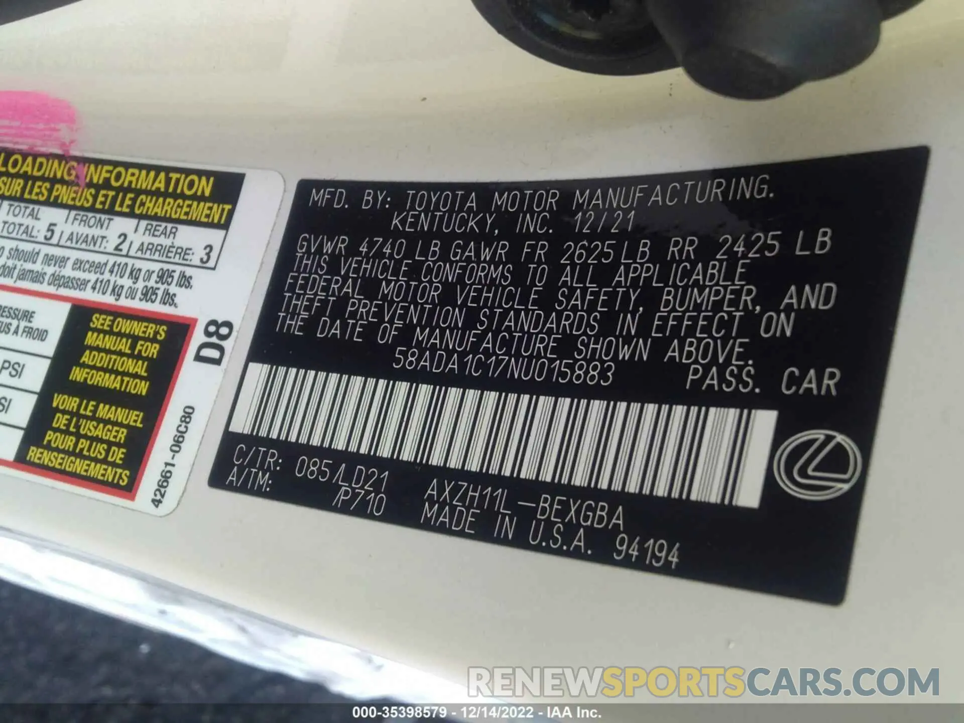 9 Фотография поврежденного автомобиля 58ADA1C17NU015883 LEXUS ES 2022