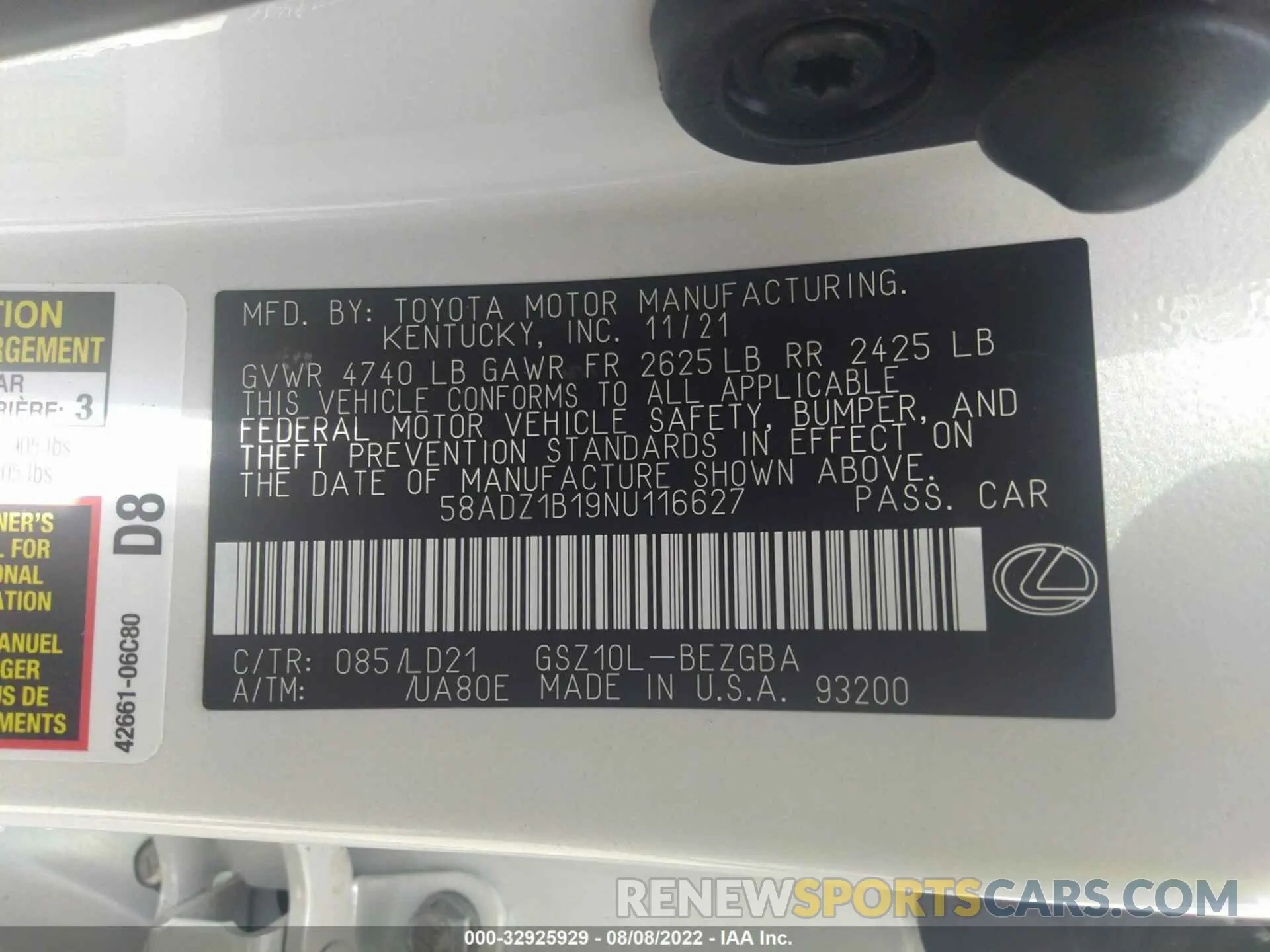 9 Фотография поврежденного автомобиля 58ADZ1B19NU116627 LEXUS ES 2022