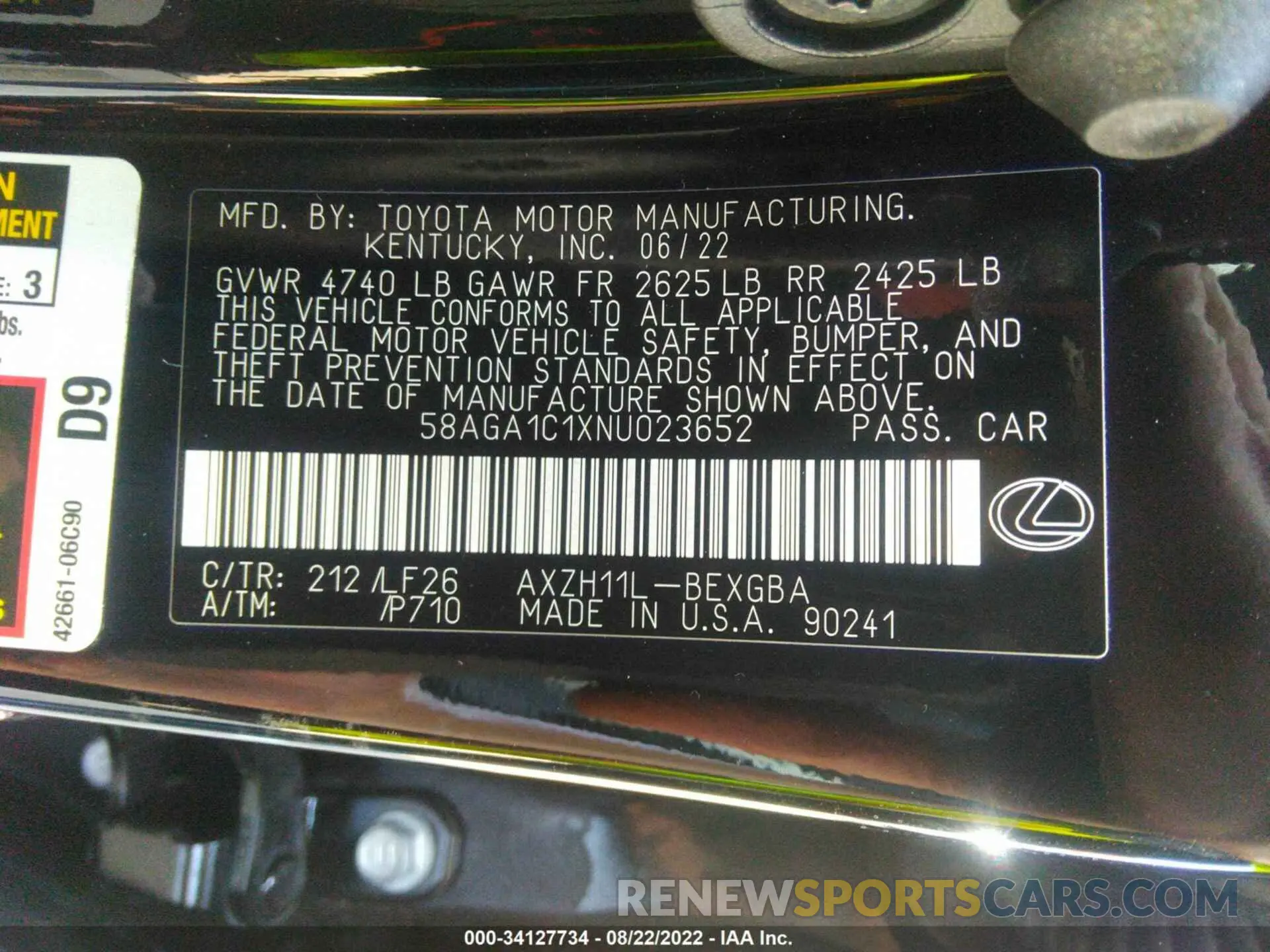 9 Фотография поврежденного автомобиля 58AGA1C1XNU023652 LEXUS ES 2022