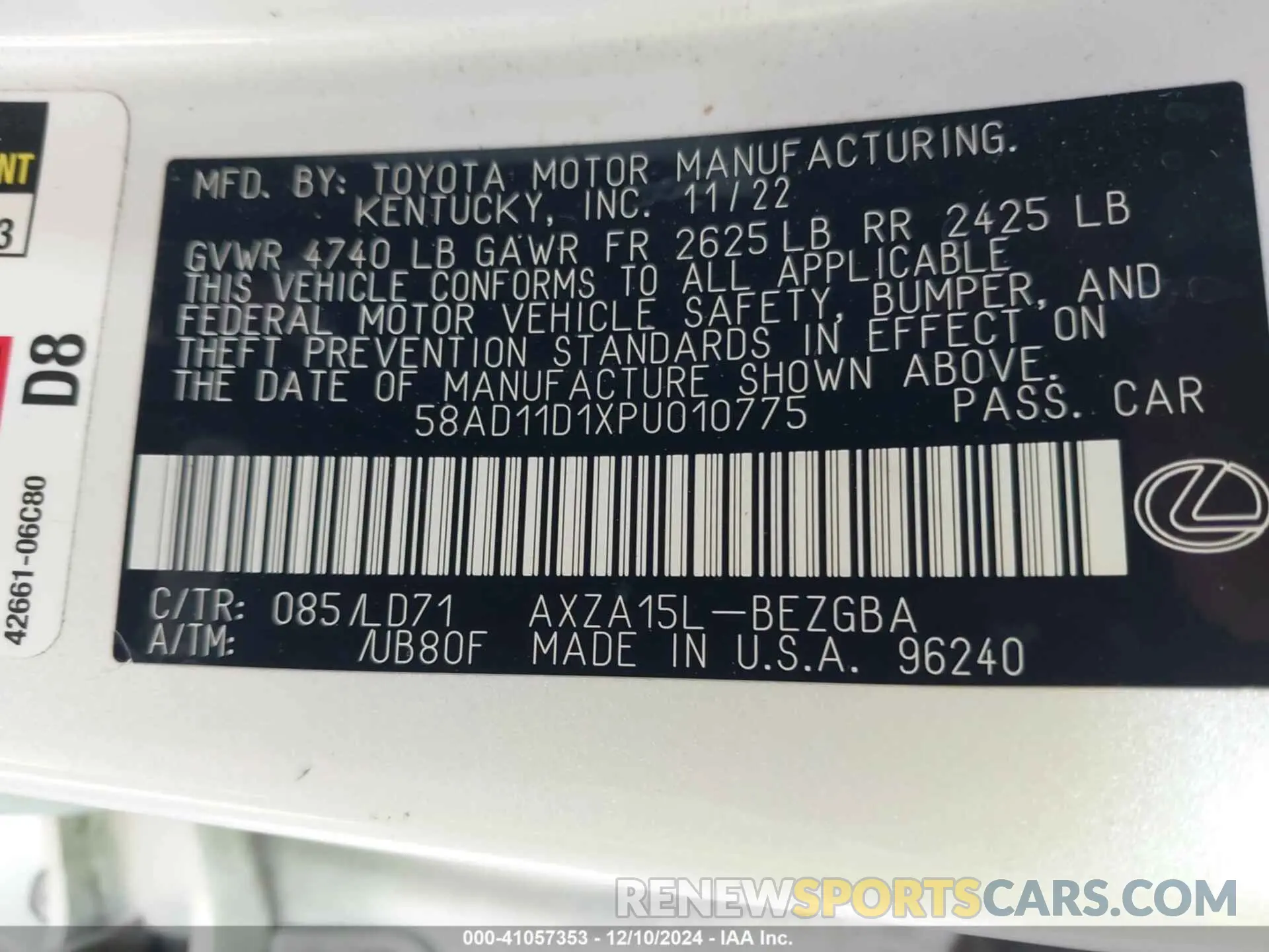 9 Фотография поврежденного автомобиля 58AD11D1XPU010775 LEXUS ES 2023