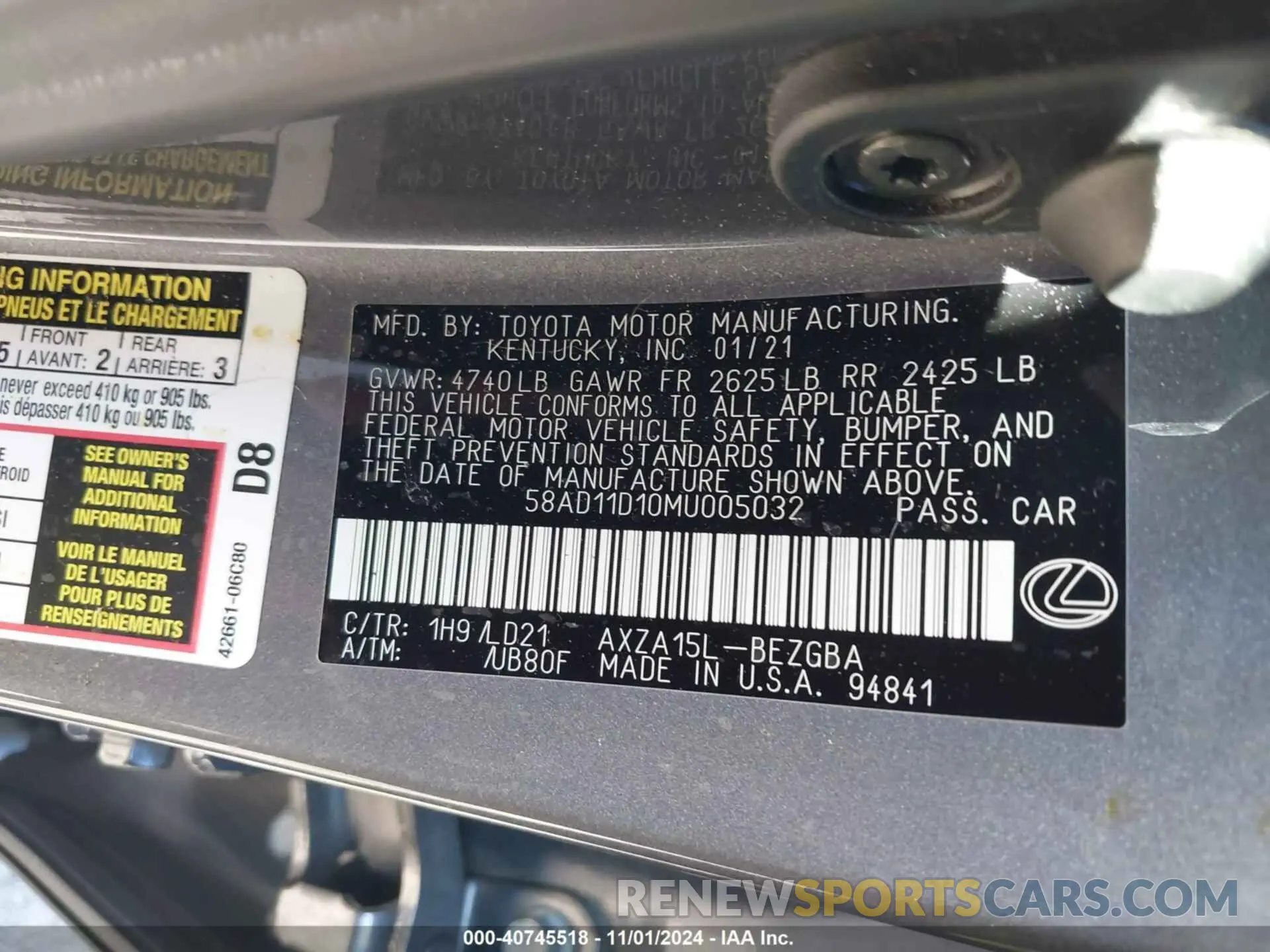 9 Photograph of a damaged car 58AD11D10MU005032 LEXUS ES 250 2021