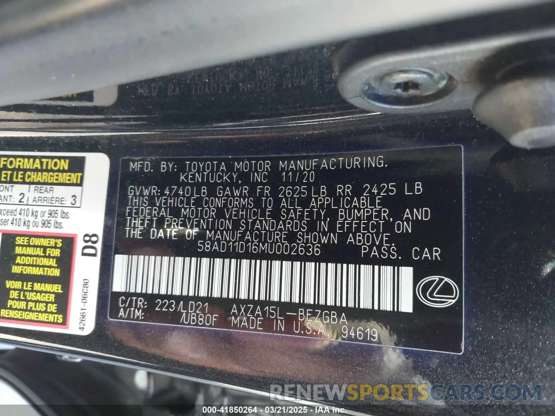 9 Photograph of a damaged car 58AD11D16MU002636 LEXUS ES 250 2021
