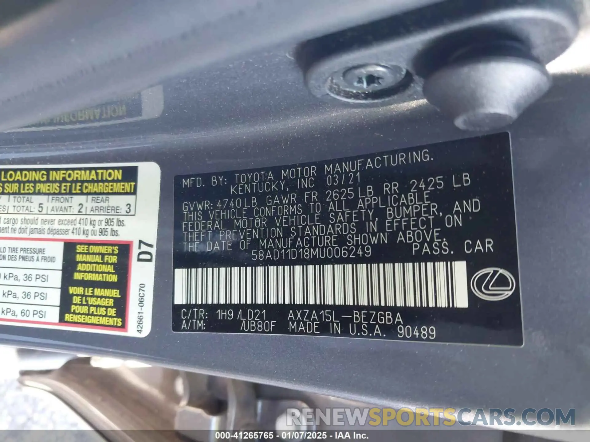9 Фотография поврежденного автомобиля 58AD11D18MU006249 LEXUS ES 250 2021