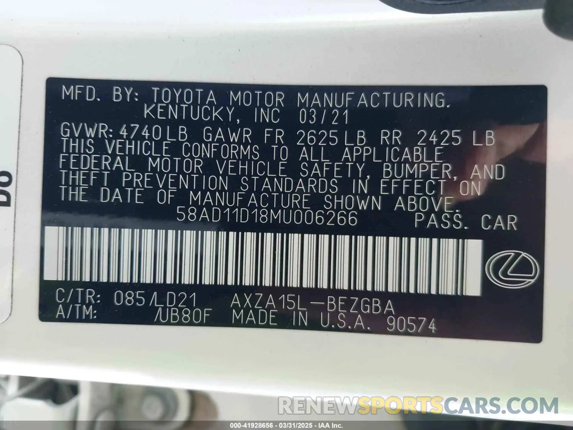 9 Фотография поврежденного автомобиля 58AD11D18MU006266 LEXUS ES 250 2021