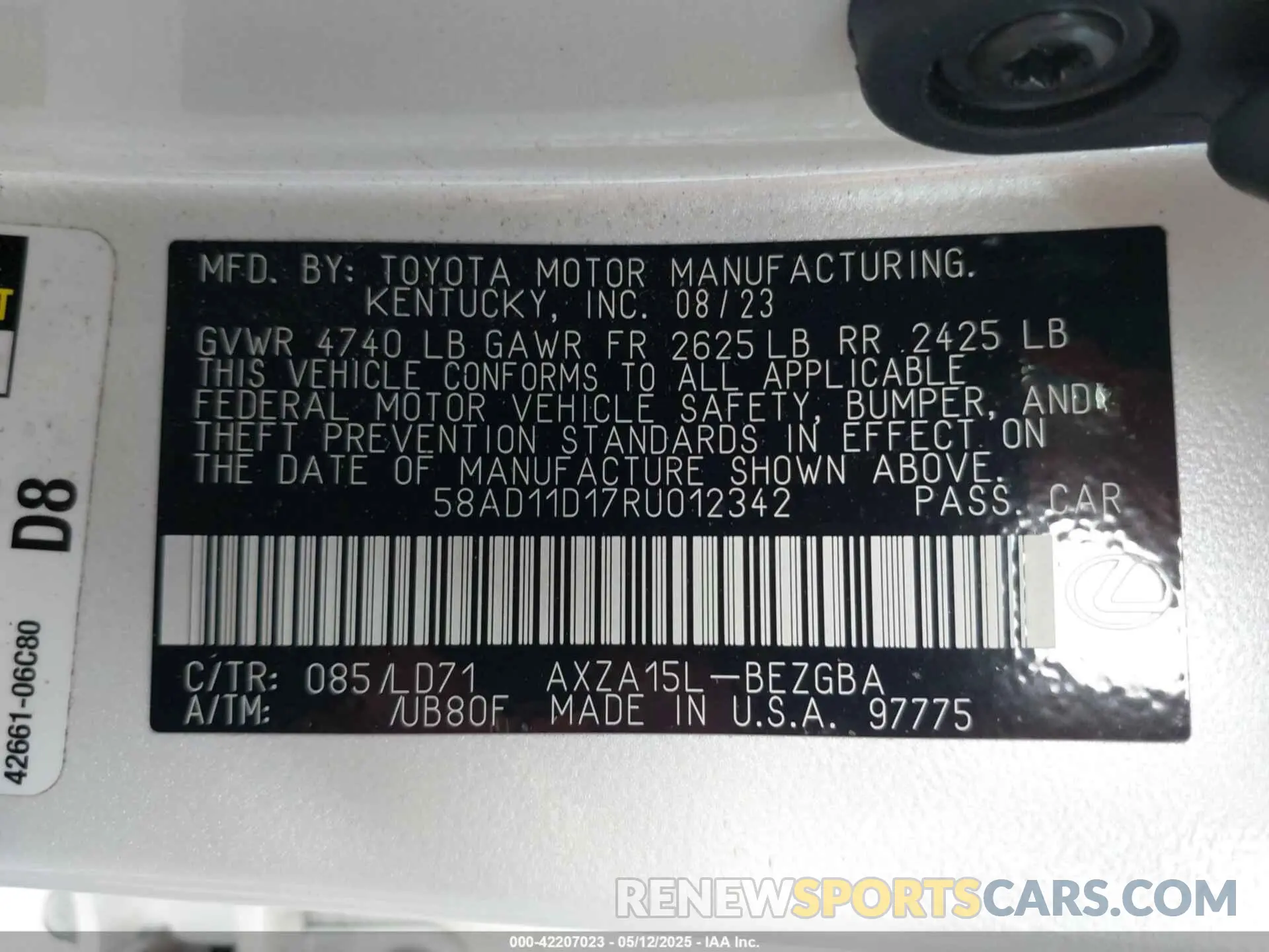 9 Фотография поврежденного автомобиля 58AD11D17RU012342 LEXUS ES 250 2024