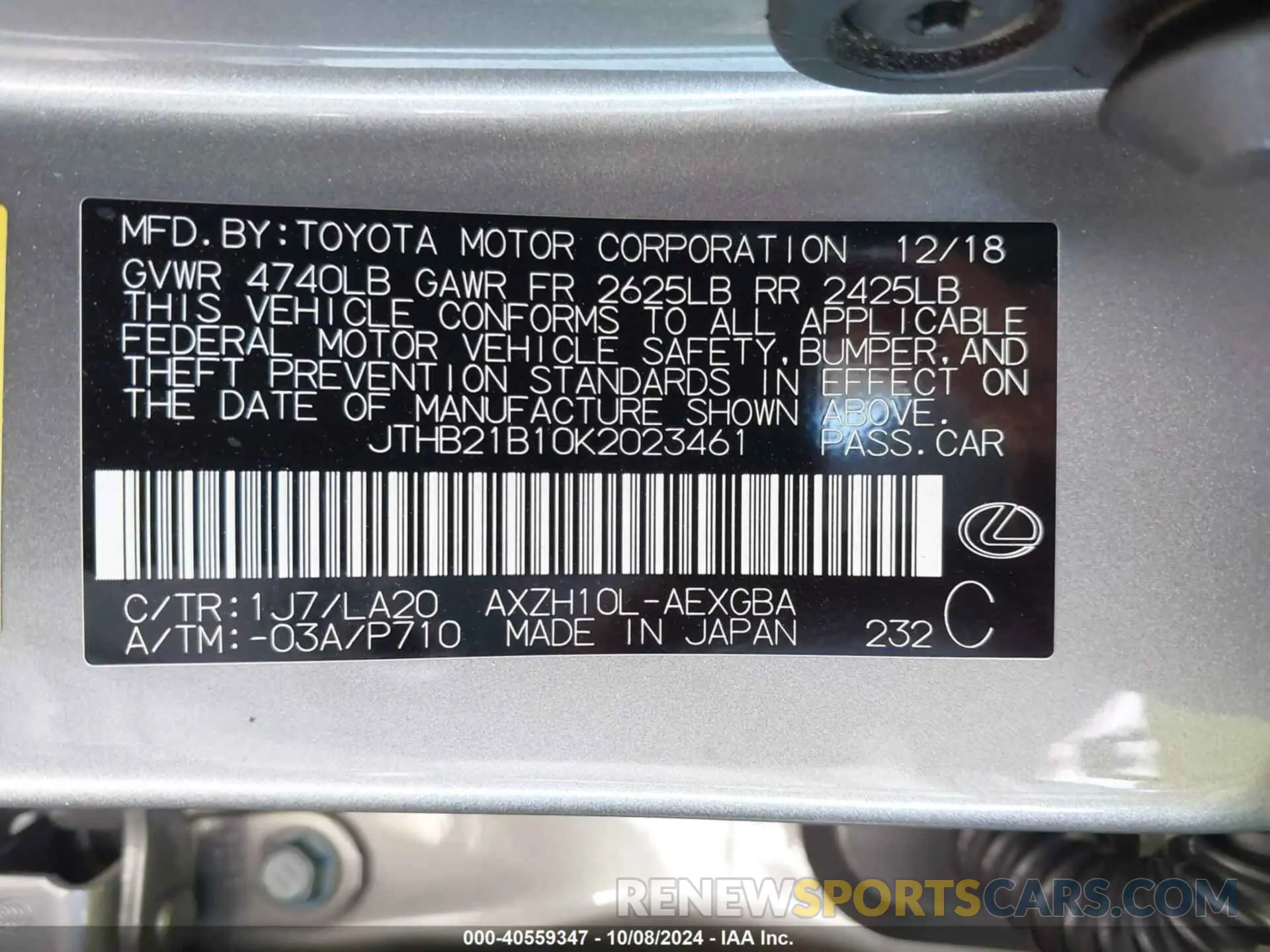 9 Photograph of a damaged car JTHB21B10K2023461 LEXUS ES 300H 2019