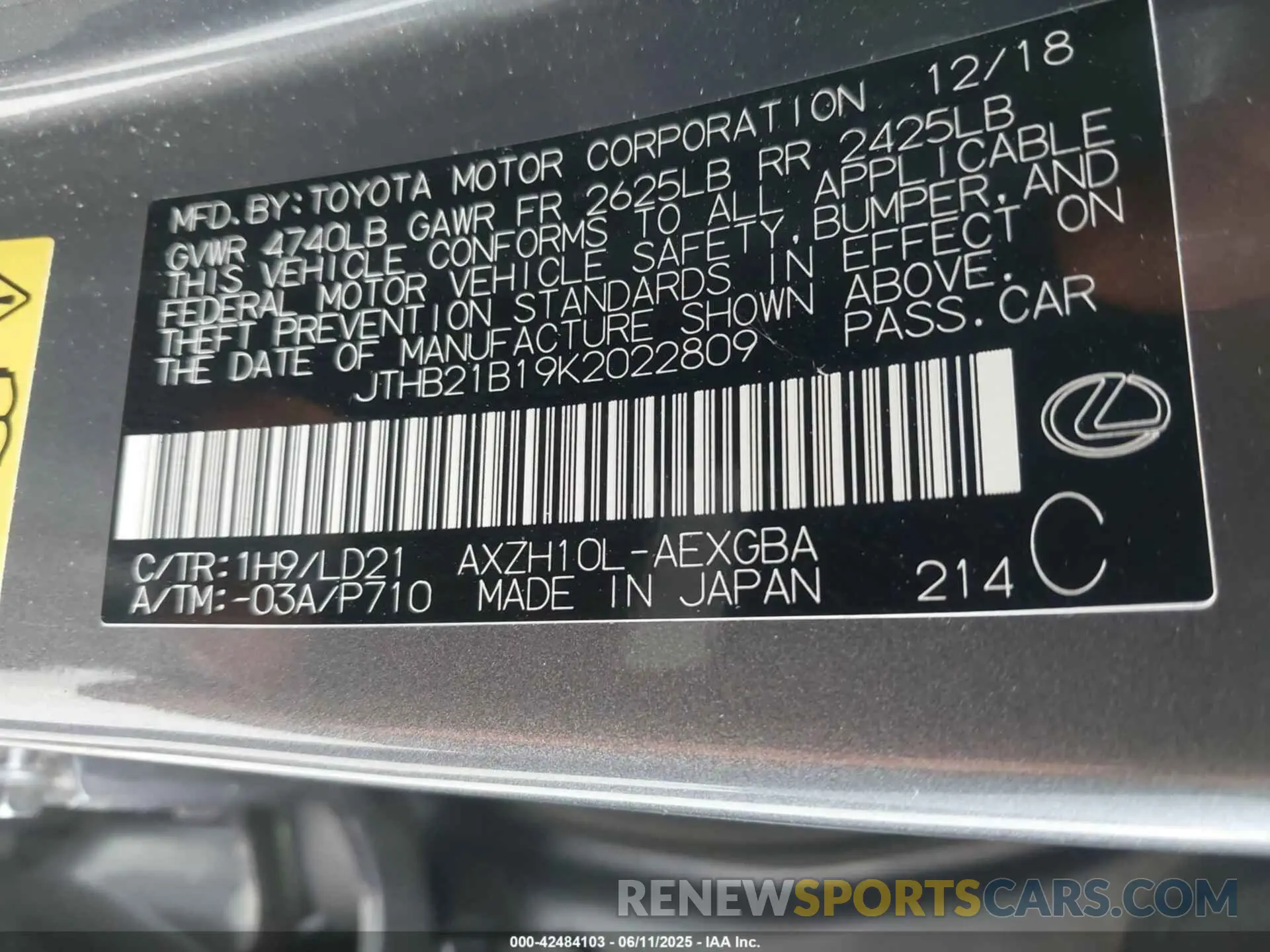 9 Фотография поврежденного автомобиля JTHB21B19K2022809 LEXUS ES 300H 2019