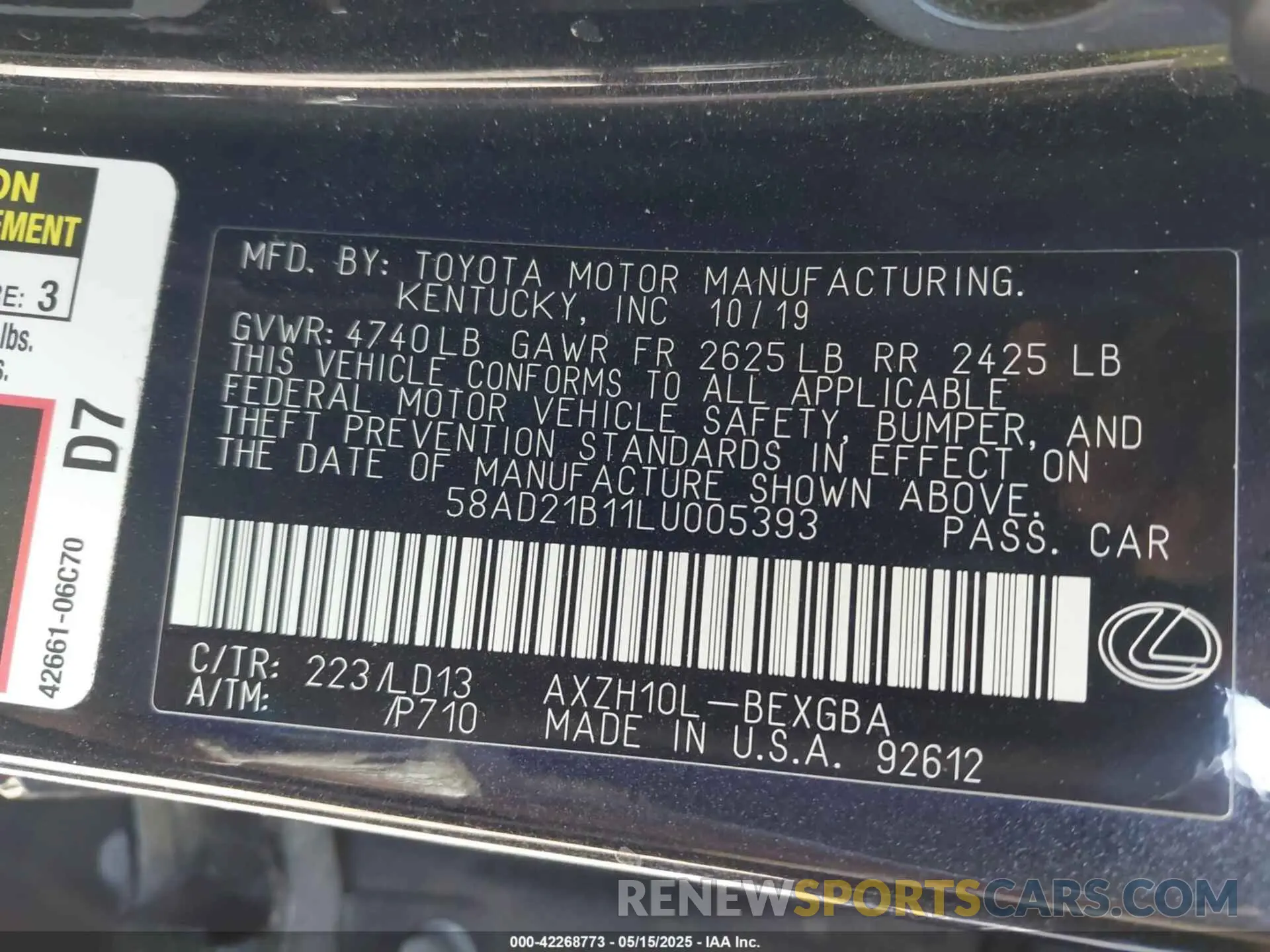 9 Photograph of a damaged car 58AD21B11LU005393 LEXUS ES 300H 2020