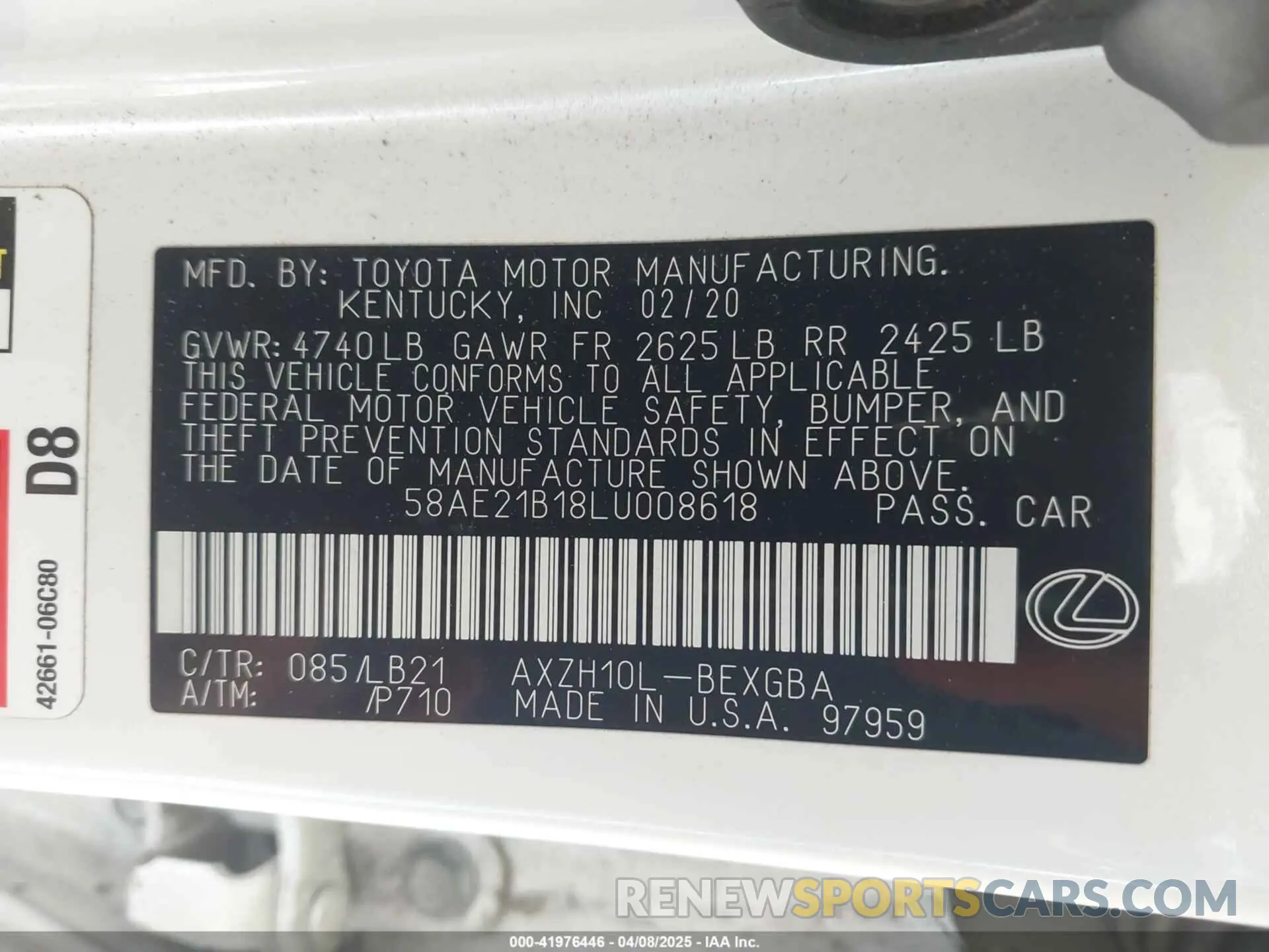 9 Photograph of a damaged car 58AE21B18LU008618 LEXUS ES 300H 2020