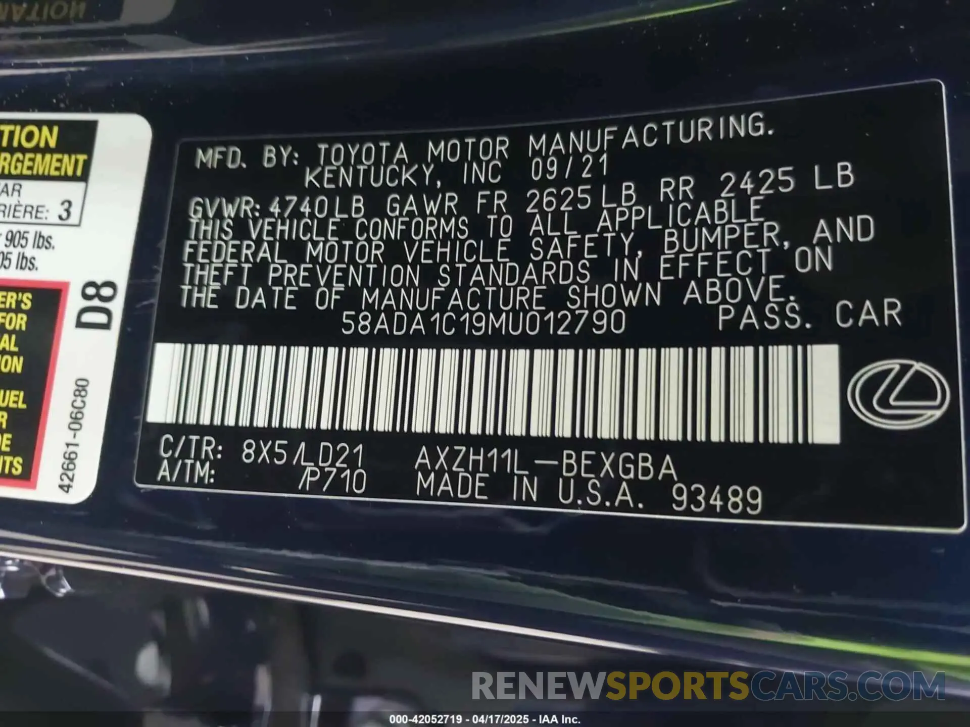 9 Фотография поврежденного автомобиля 58ADA1C19MU012790 LEXUS ES 300H 2021