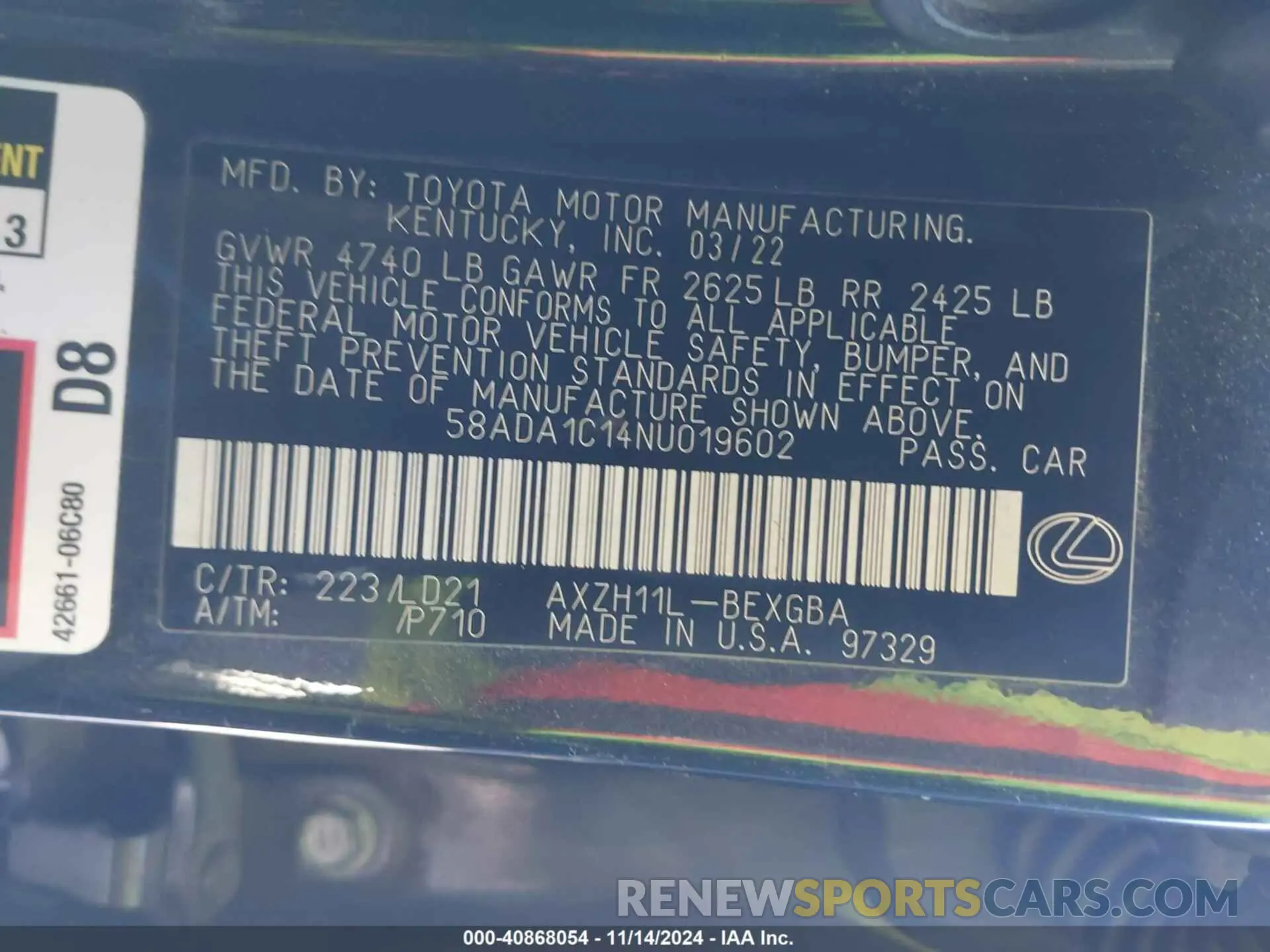 9 Фотография поврежденного автомобиля 58ADA1C14NU019602 LEXUS ES 300H 2022
