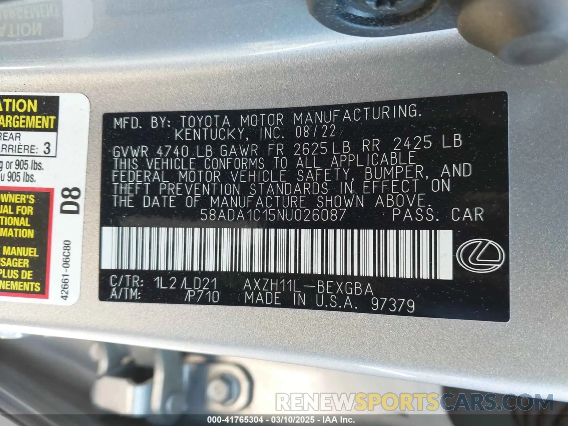 9 Фотография поврежденного автомобиля 58ADA1C15NU026087 LEXUS ES 300H 2022