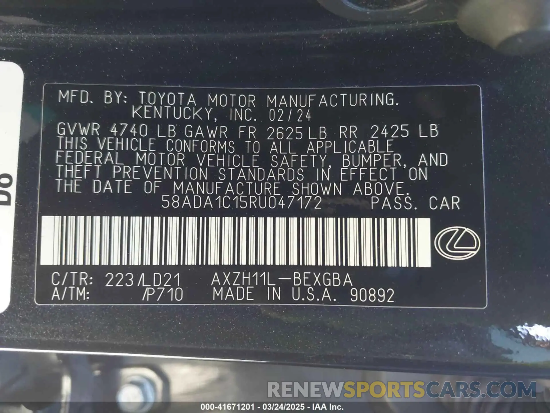 9 Фотография поврежденного автомобиля 58ADA1C15RU047172 LEXUS ES 300H 2024