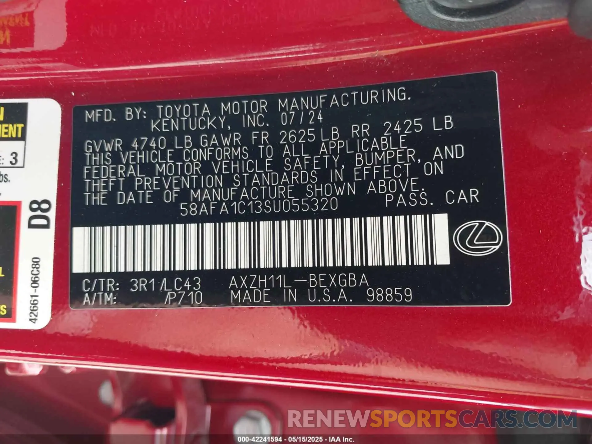9 Фотография поврежденного автомобиля 58AFA1C13SU055320 LEXUS ES 300H 2025