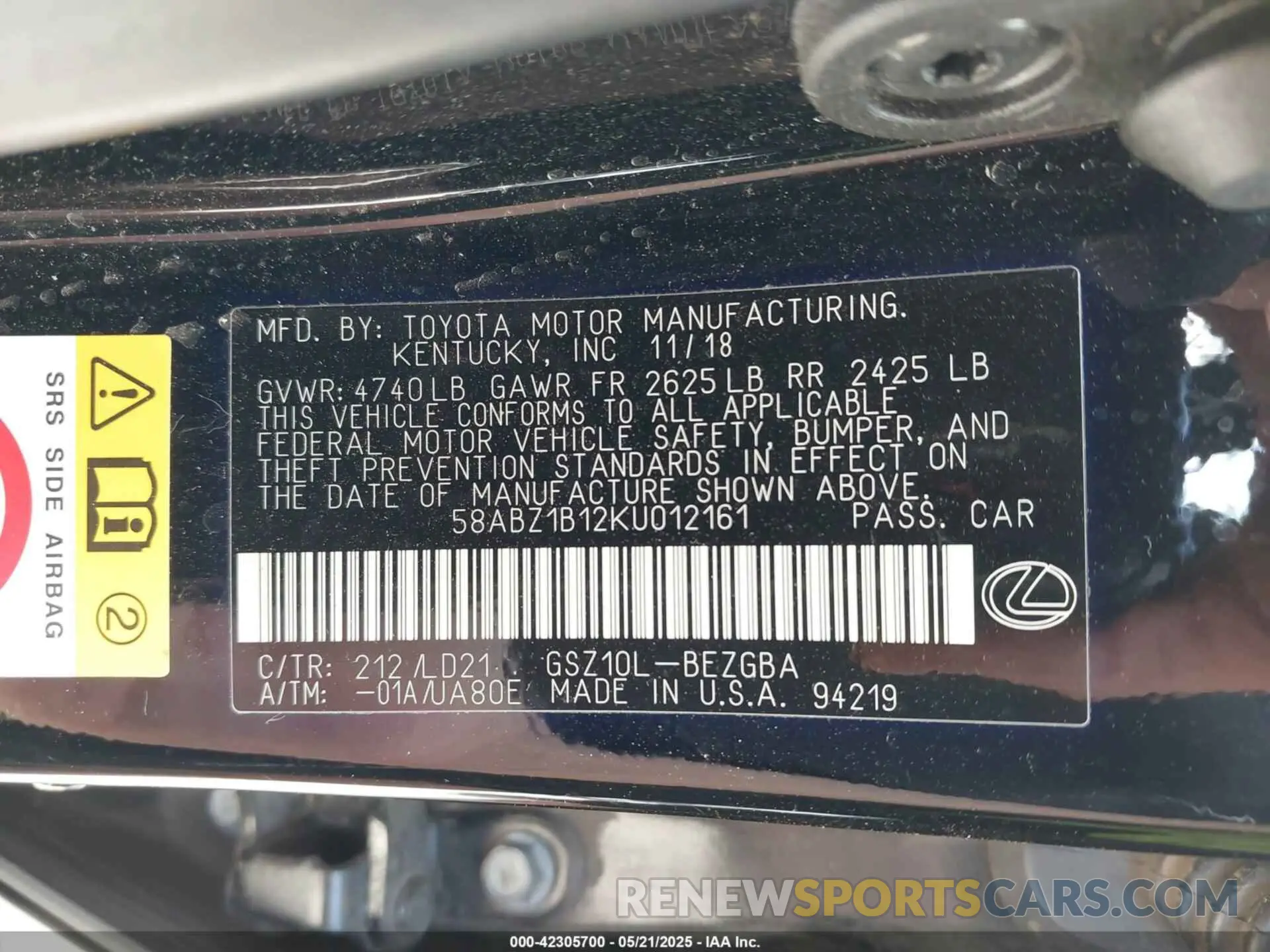 9 Фотография поврежденного автомобиля 58ABZ1B12KU012161 LEXUS ES 350 2019
