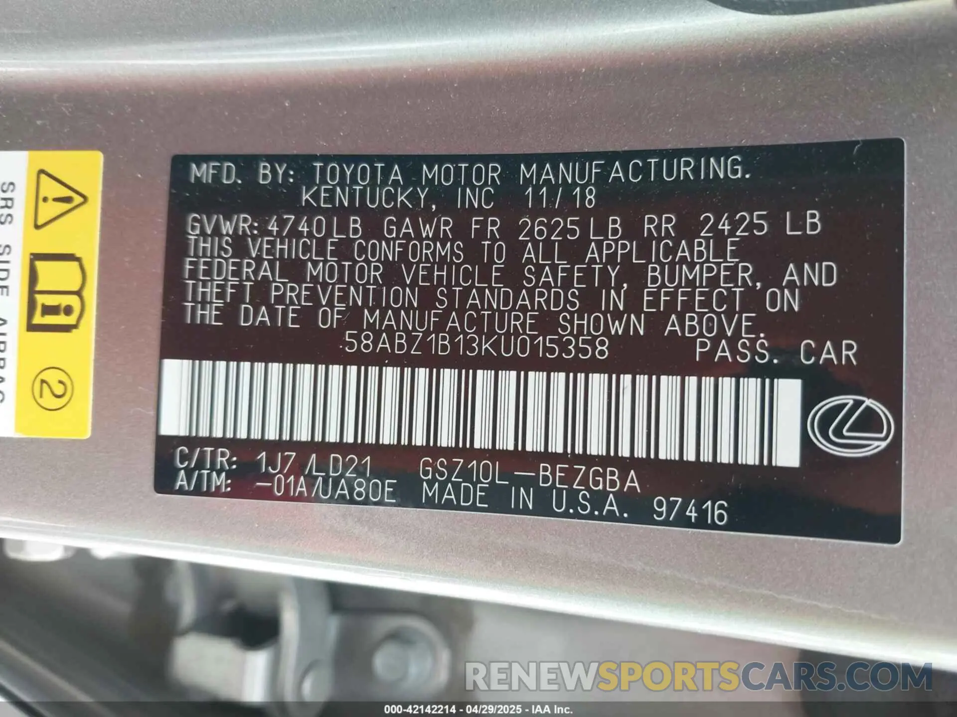 9 Фотография поврежденного автомобиля 58ABZ1B13KU015358 LEXUS ES 350 2019