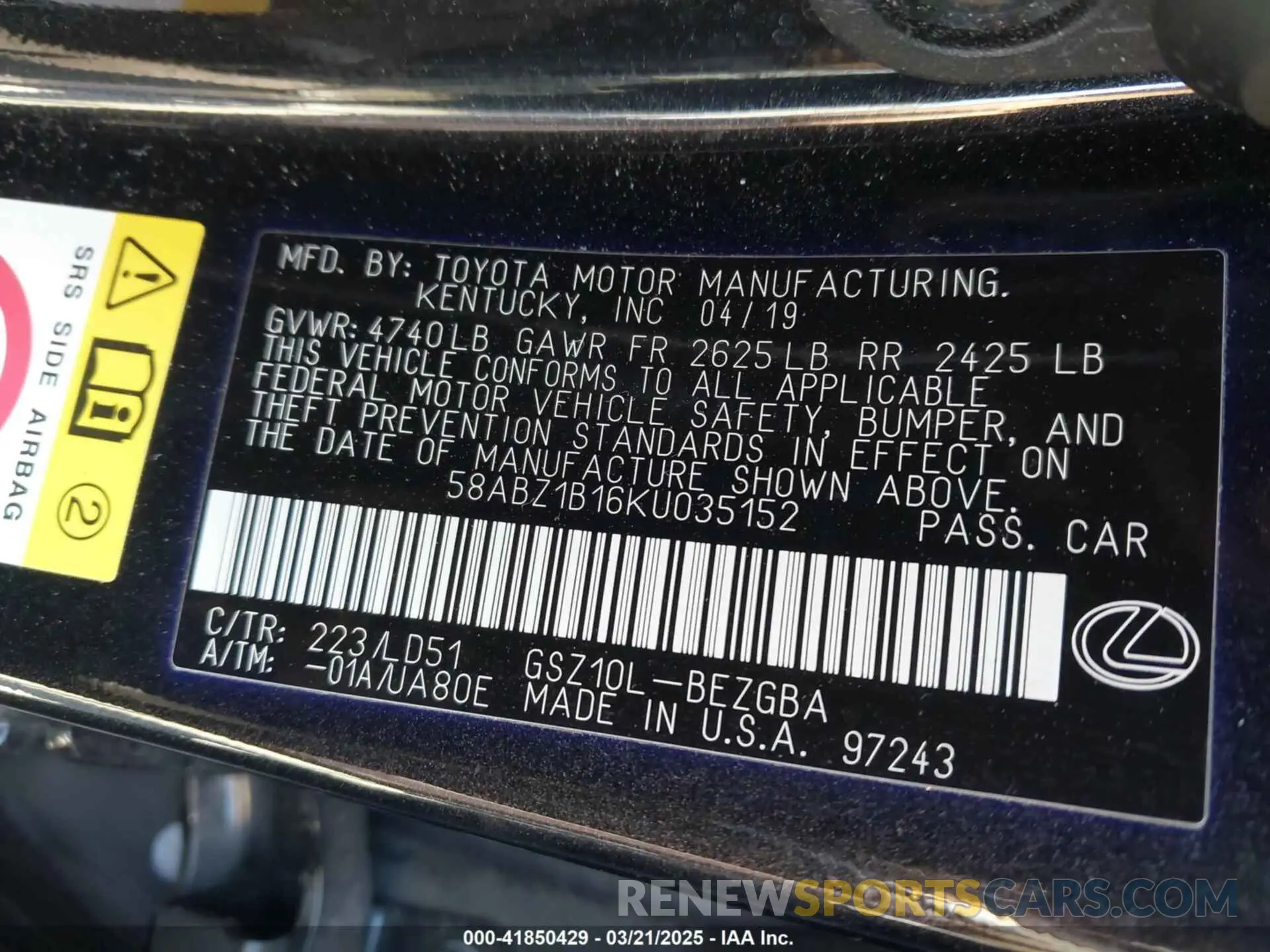 9 Фотография поврежденного автомобиля 58ABZ1B16KU035152 LEXUS ES 350 2019