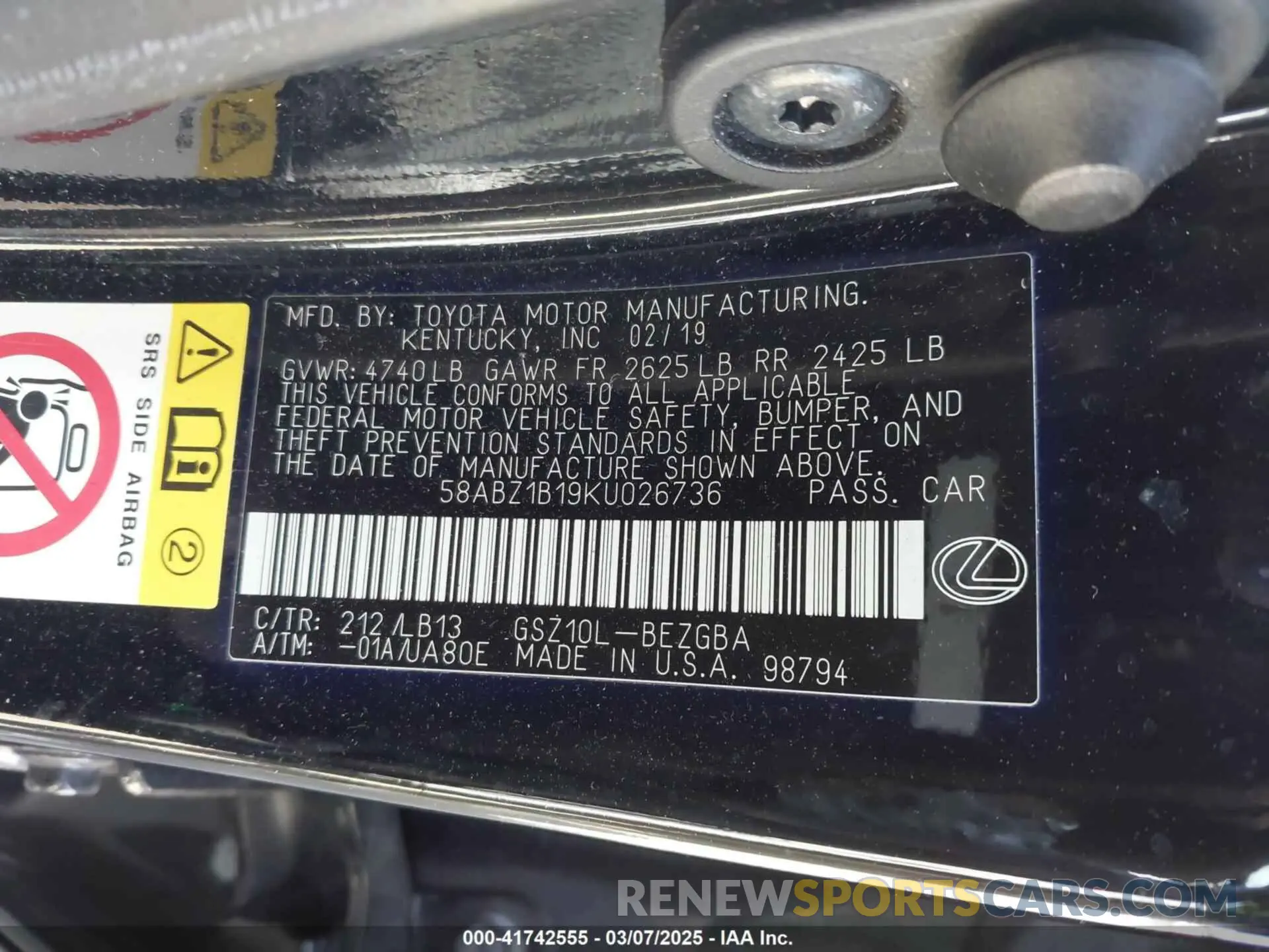 9 Photograph of a damaged car 58ABZ1B19KU026736 LEXUS ES 350 2019