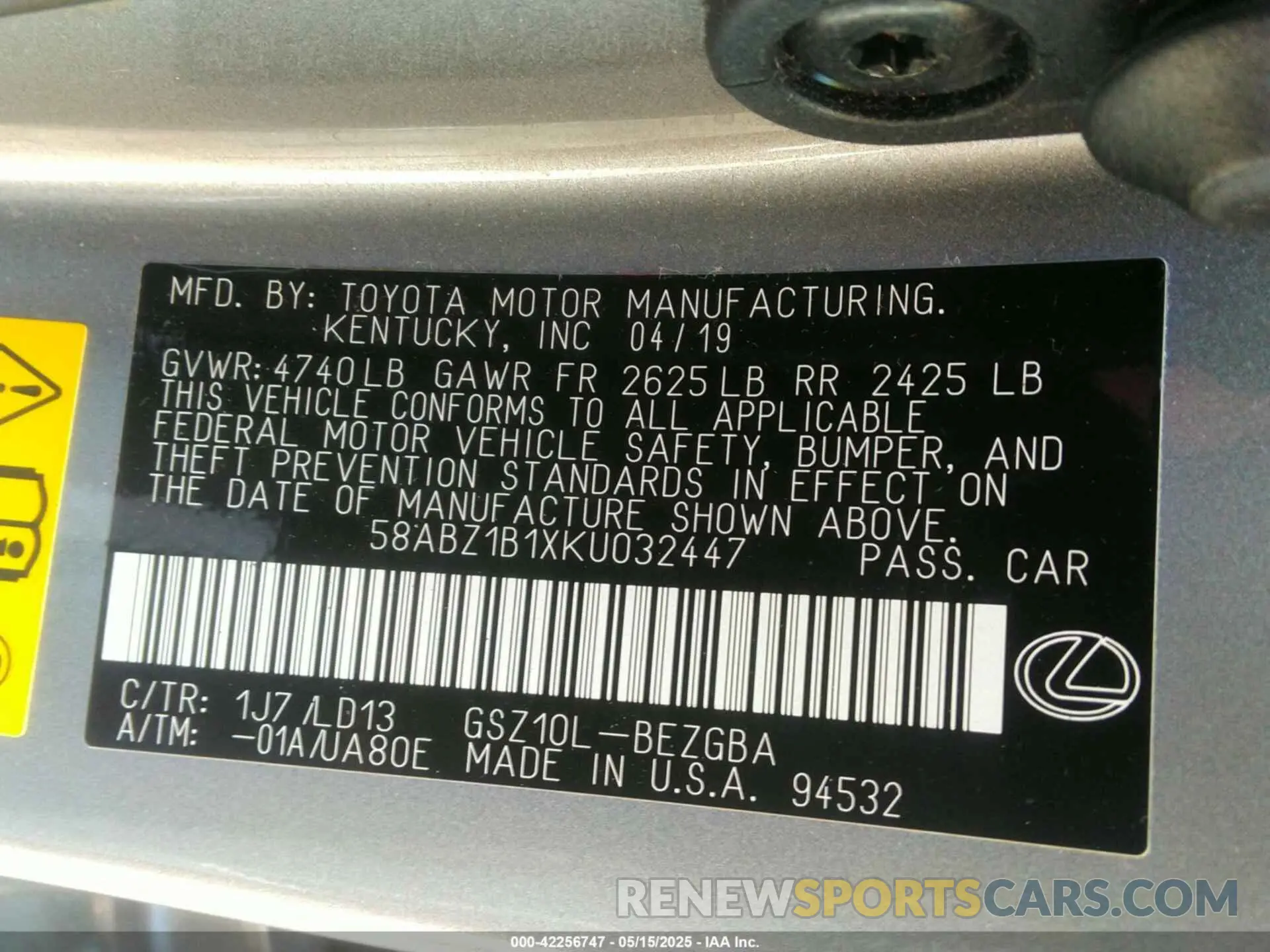 9 Фотография поврежденного автомобиля 58ABZ1B1XKU032447 LEXUS ES 350 2019