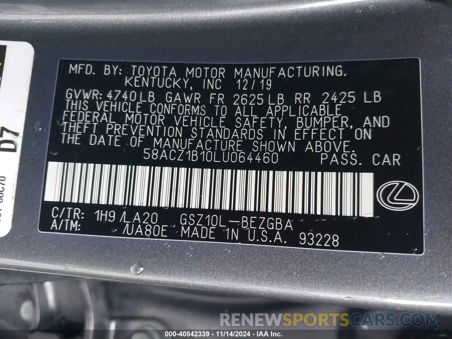 9 Фотография поврежденного автомобиля 58ACZ1B10LU064460 LEXUS ES 350 2020