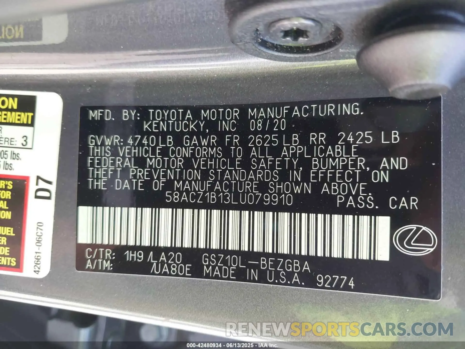 9 Фотография поврежденного автомобиля 58ACZ1B13LU079910 LEXUS ES 350 2020