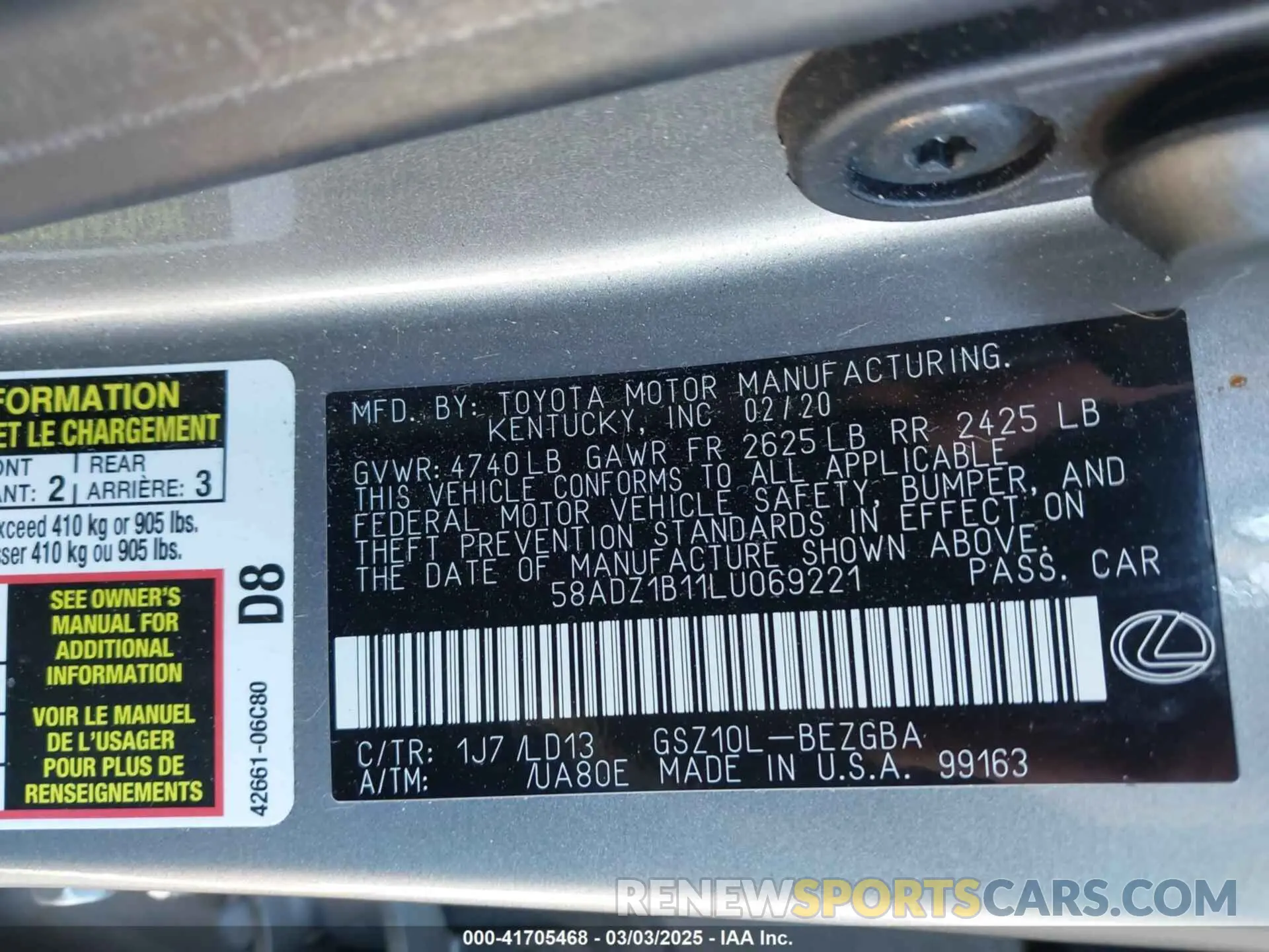 9 Фотография поврежденного автомобиля 58ADZ1B11LU069221 LEXUS ES 350 2020