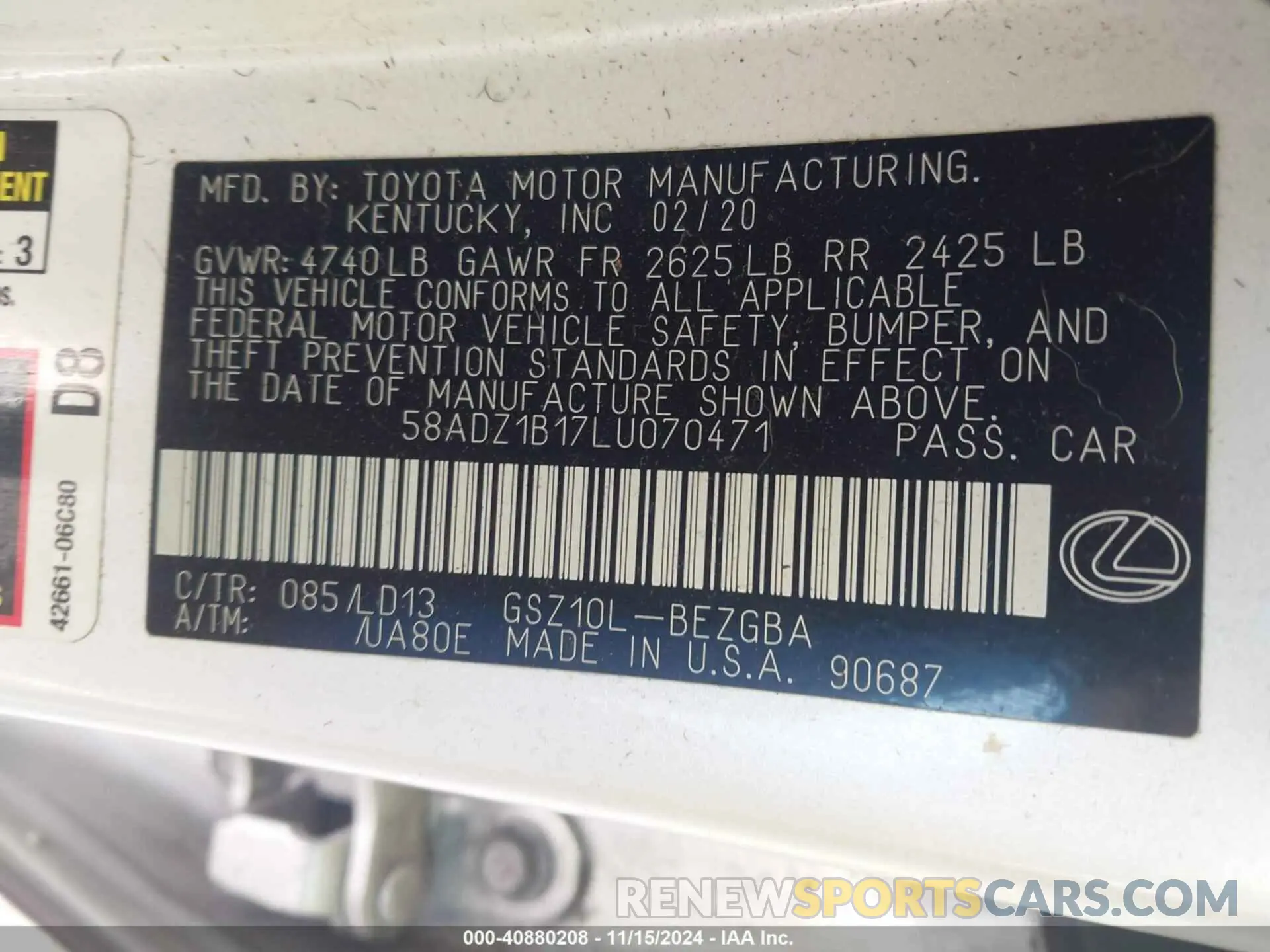 9 Photograph of a damaged car 58ADZ1B17LU070471 LEXUS ES 350 2020