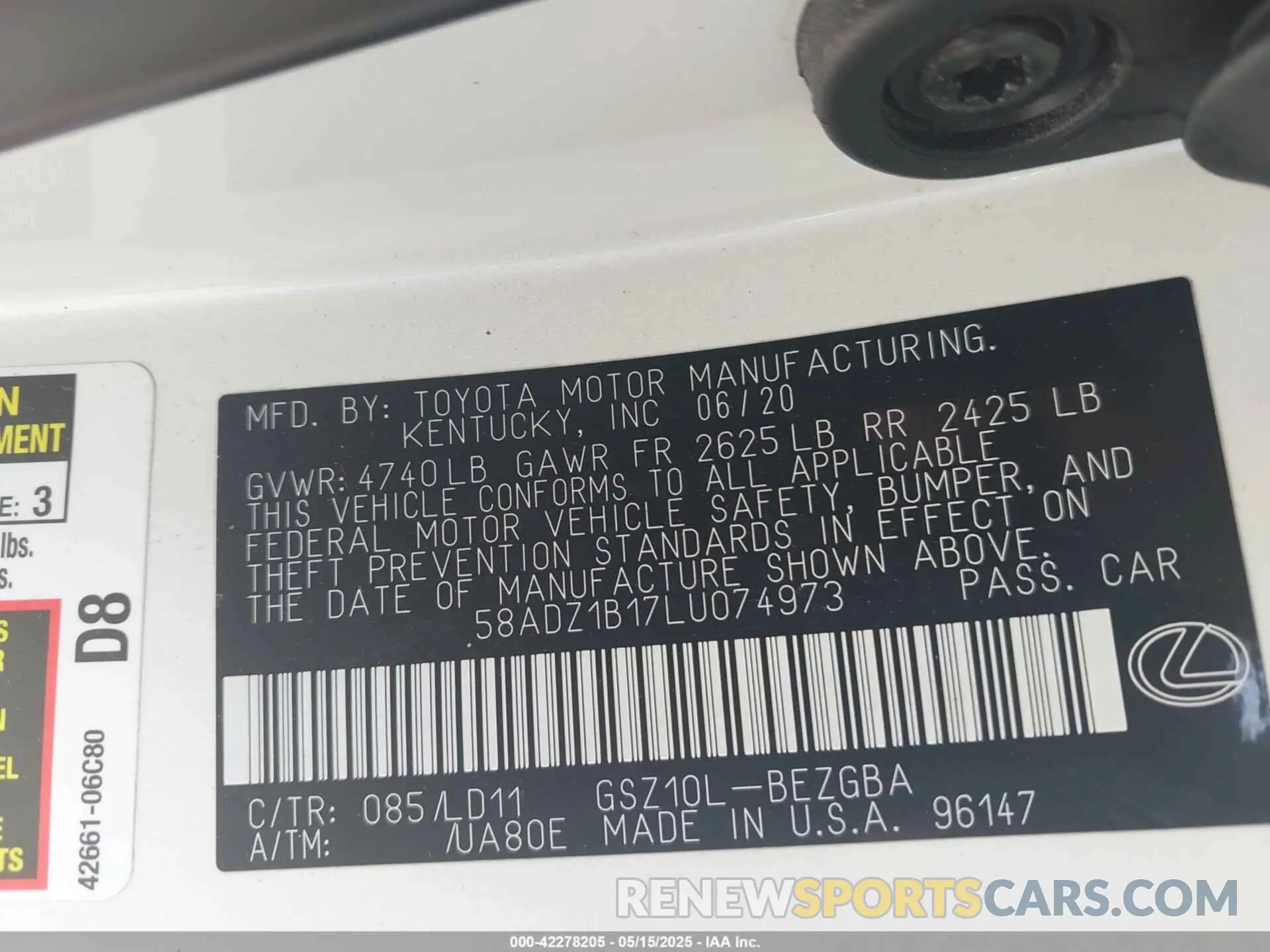 9 Фотография поврежденного автомобиля 58ADZ1B17LU074973 LEXUS ES 350 2020