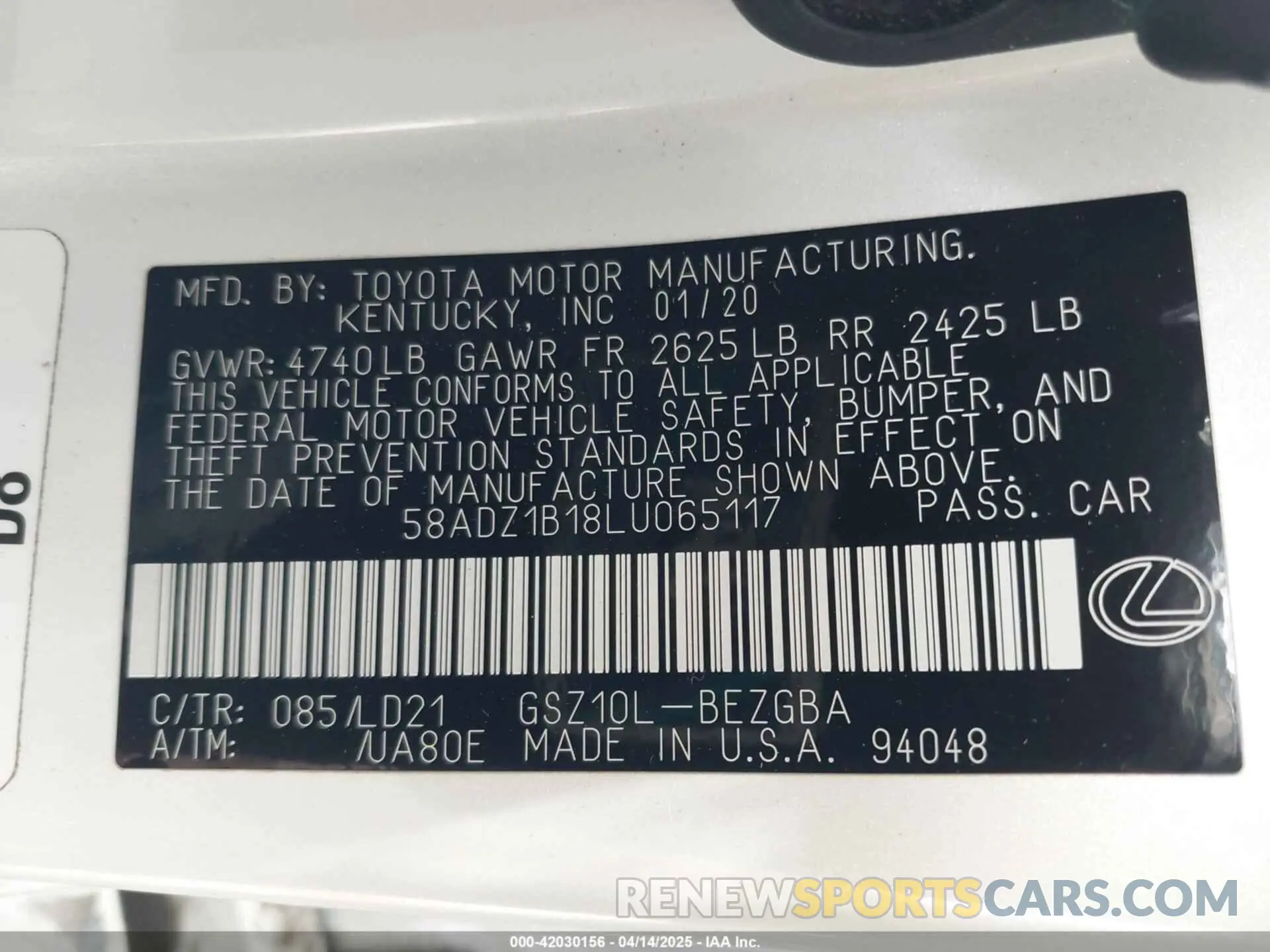 9 Photograph of a damaged car 58ADZ1B18LU065117 LEXUS ES 350 2020