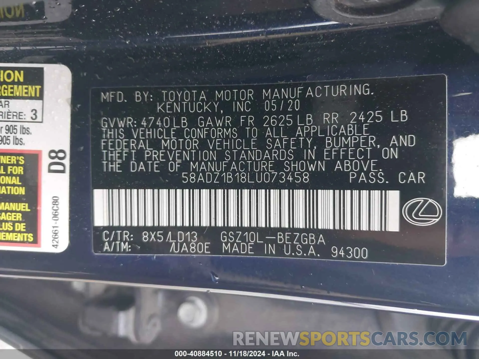9 Photograph of a damaged car 58ADZ1B18LU073458 LEXUS ES 350 2020