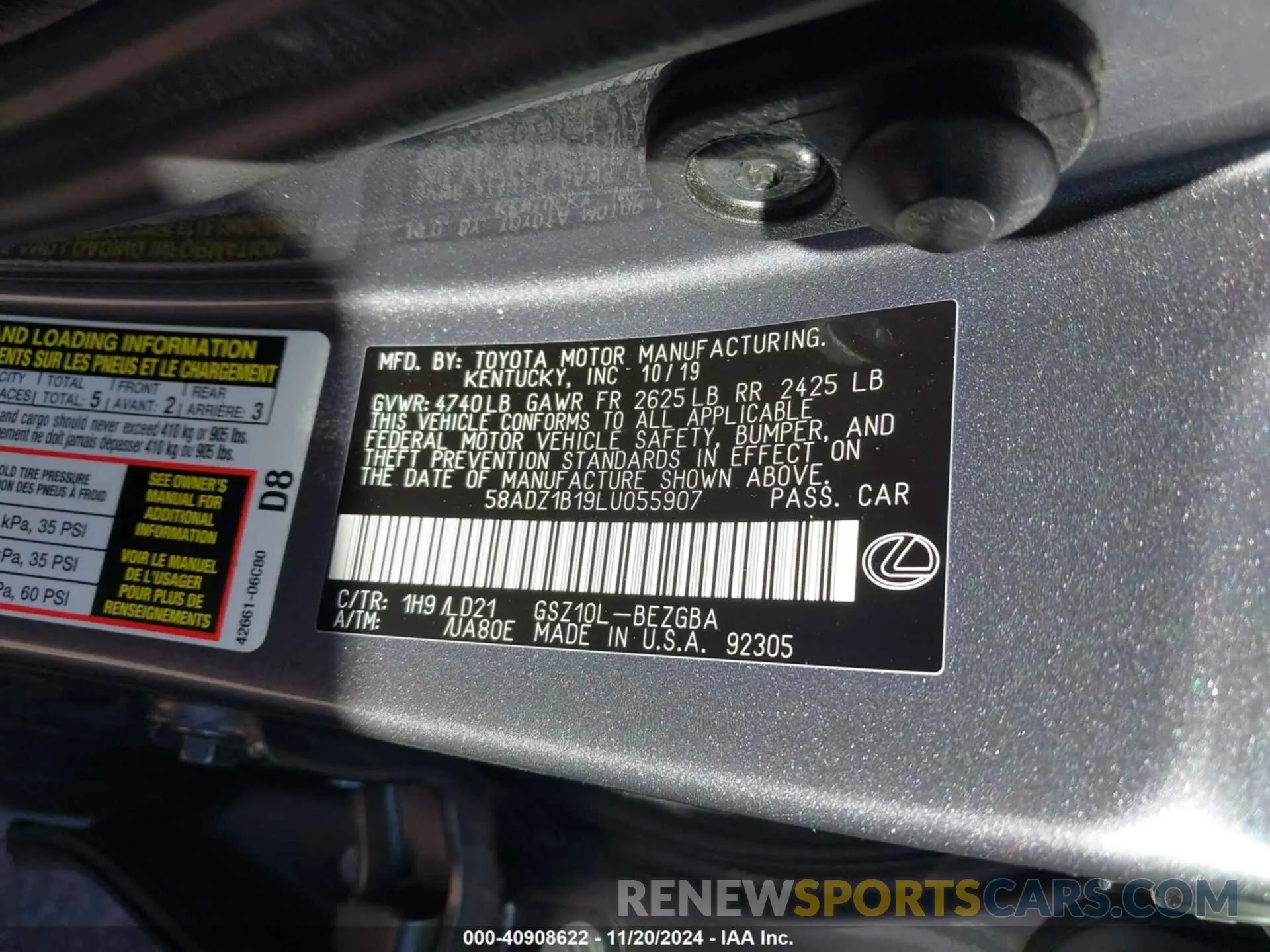 9 Фотография поврежденного автомобиля 58ADZ1B19LU055907 LEXUS ES 350 2020