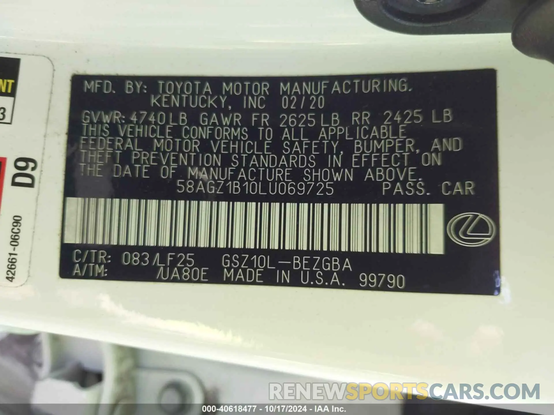 9 Photograph of a damaged car 58AGZ1B10LU069725 LEXUS ES 350 2020