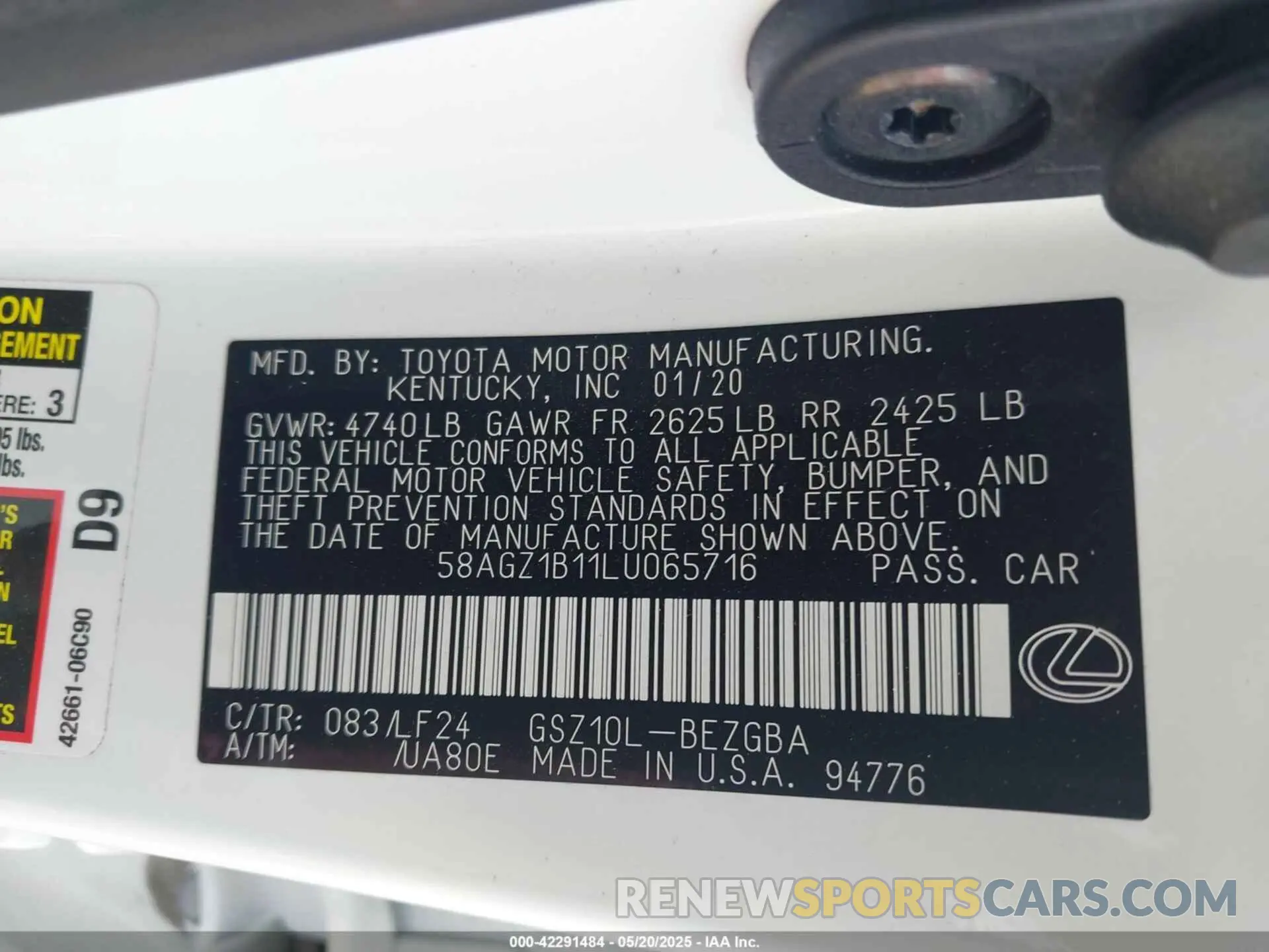 9 Фотография поврежденного автомобиля 58AGZ1B11LU065716 LEXUS ES 350 2020
