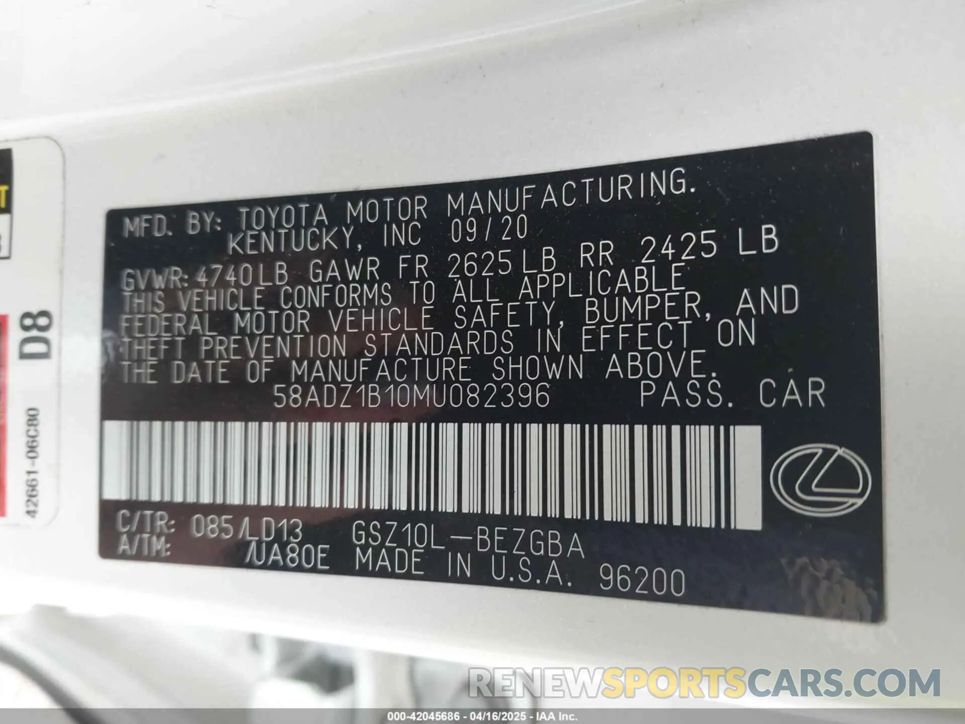 9 Фотография поврежденного автомобиля 58ADZ1B10MU082396 LEXUS ES 350 2021