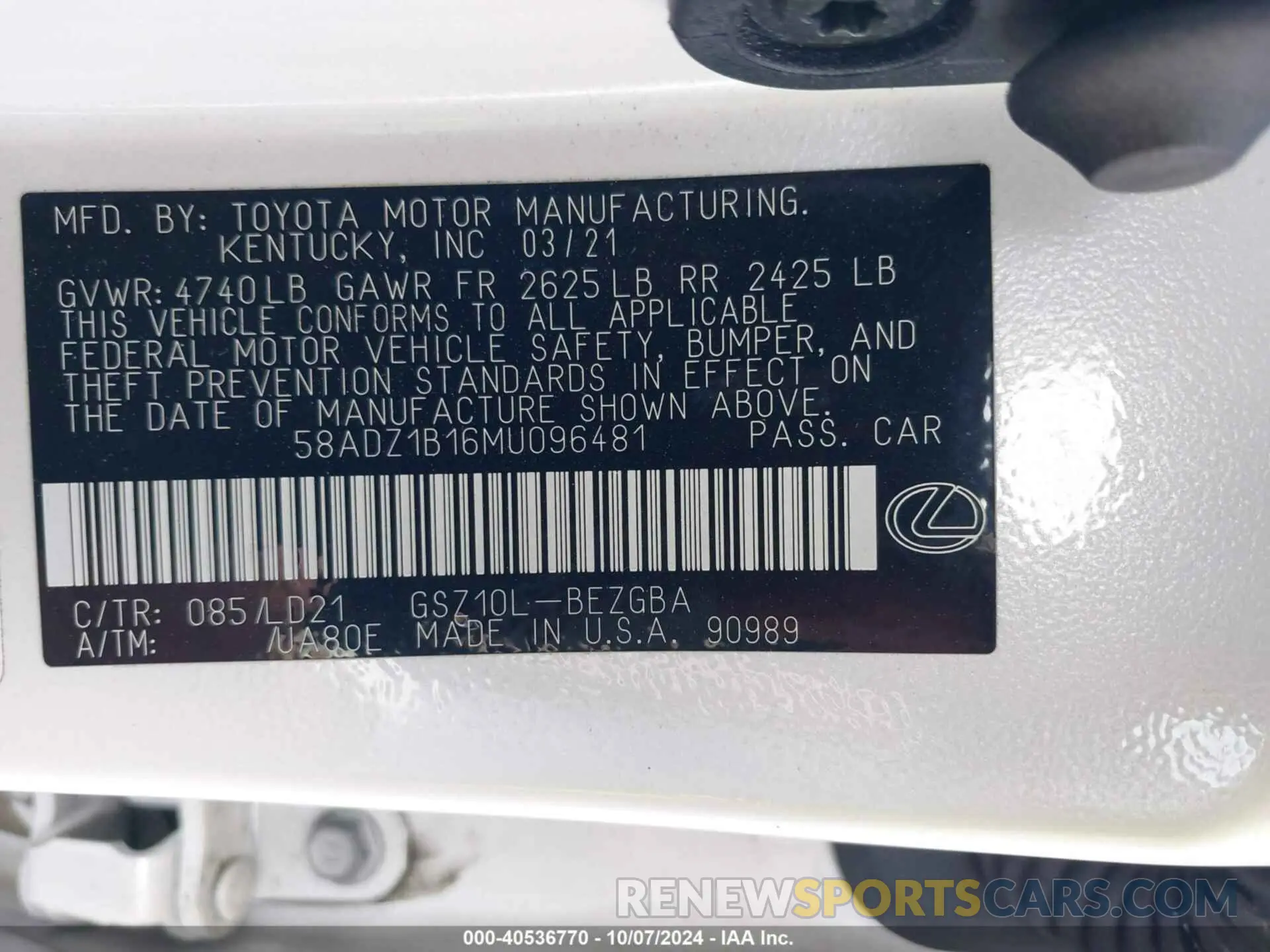 9 Фотография поврежденного автомобиля 58ADZ1B16MU096481 LEXUS ES 350 2021