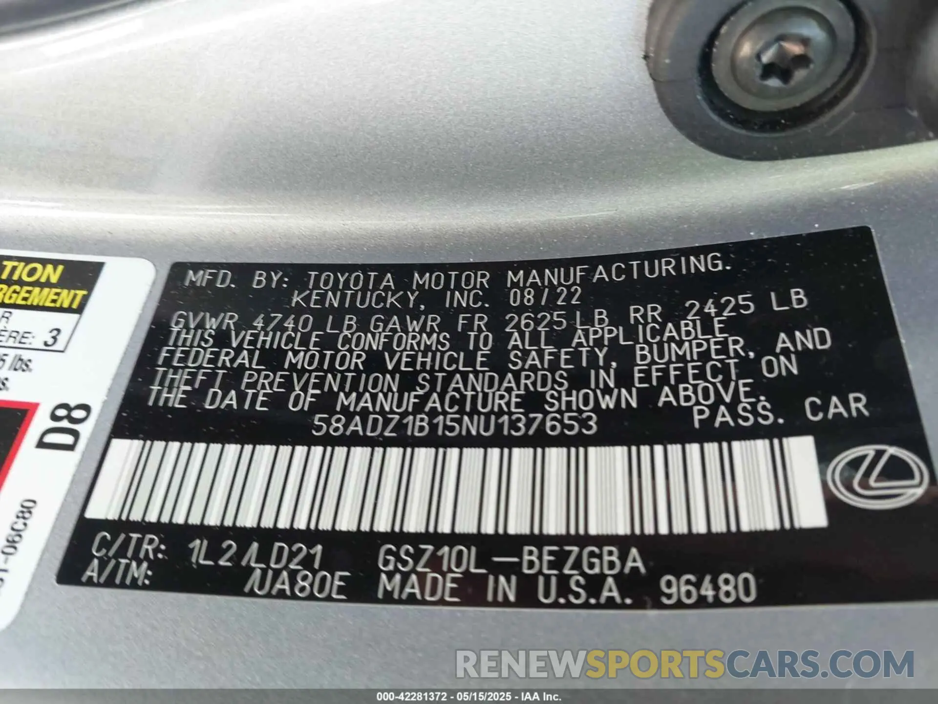 9 Фотография поврежденного автомобиля 58ADZ1B15NU137653 LEXUS ES 350 2022