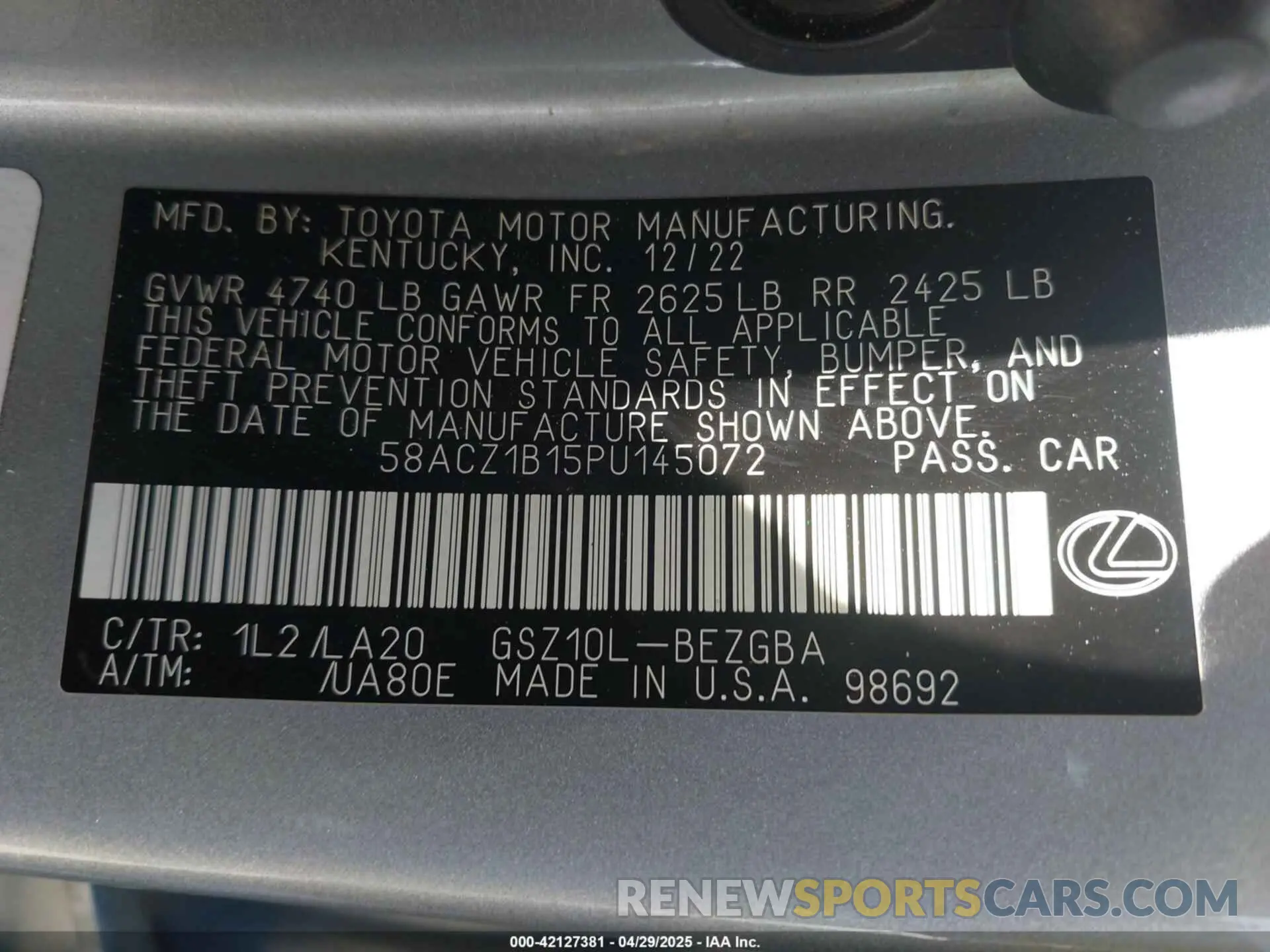 9 Photograph of a damaged car 58ACZ1B15PU145072 LEXUS ES 350 2023