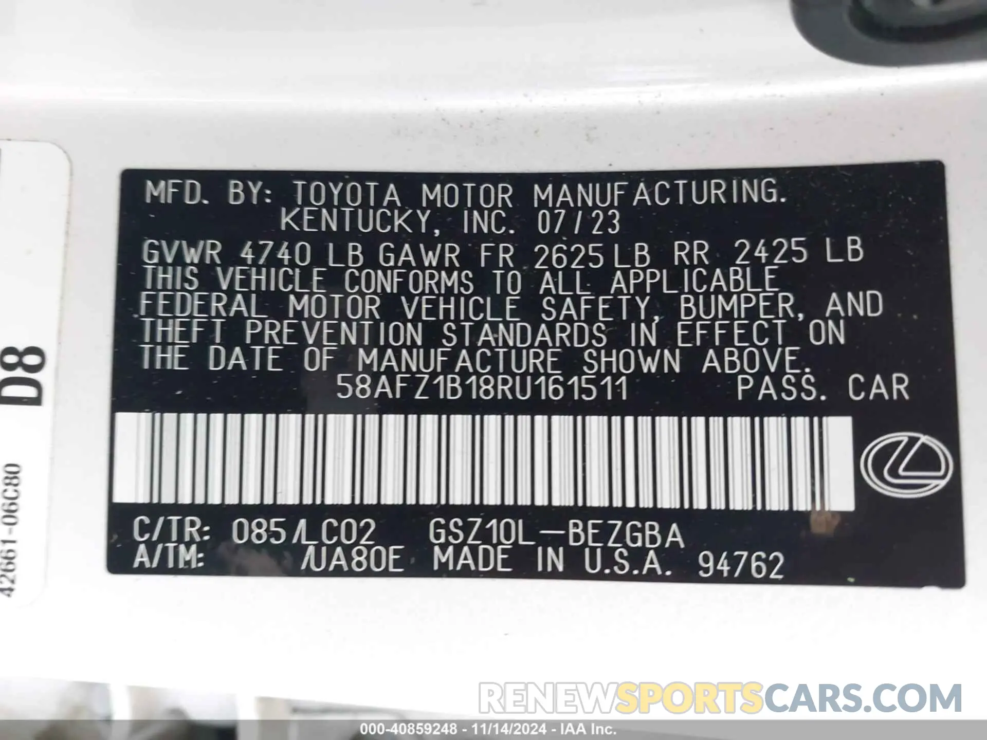 9 Photograph of a damaged car 58AFZ1B18RU161511 LEXUS ES 350 2024
