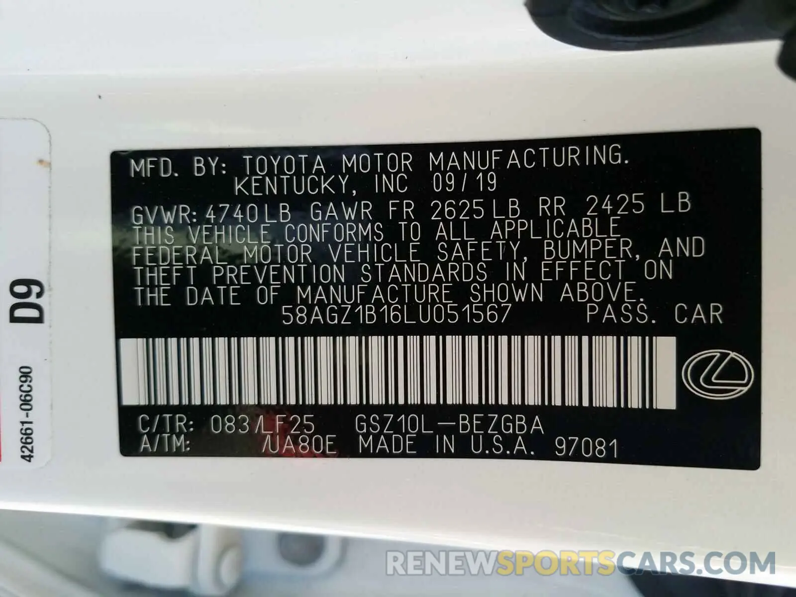 10 Photograph of a damaged car 58AGZ1B16LU051567 LEXUS ES 350 F-S 2020